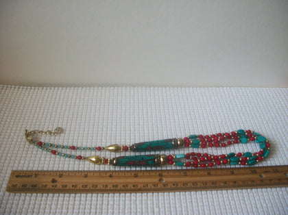 Vintage 21" - 24" Necklace Colorful Southwestern Mosaic Stone Beads Gold Tone Acrylic 81317