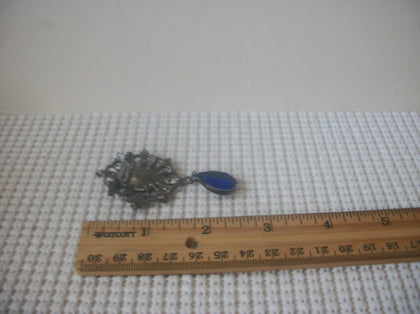 Vintage Brooch Pin, Silver Toned Cobalt Blue Dangling Glass Rhinestones, 023021