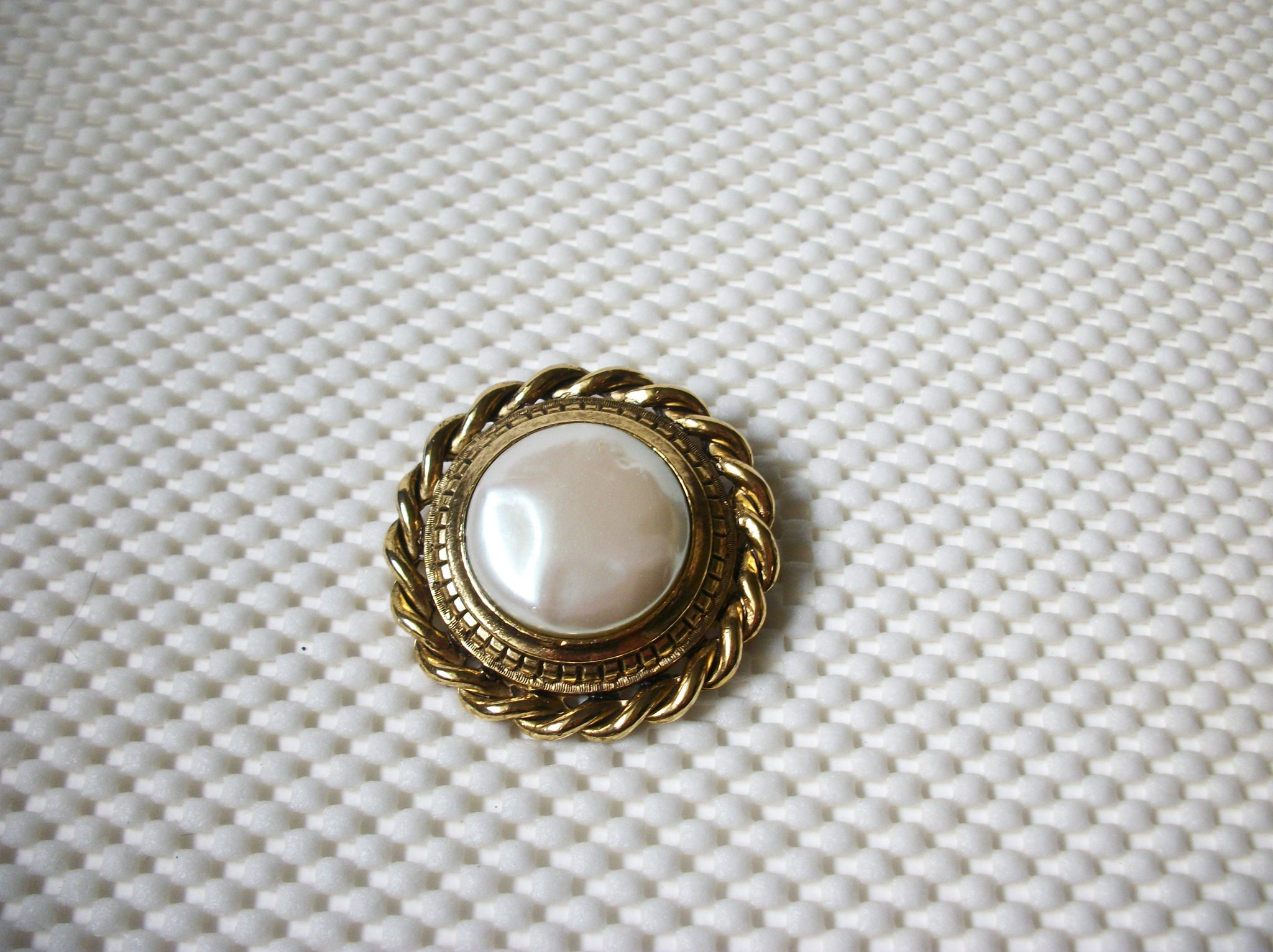 Larger Vintage Brooch Pin, Signed GJD Ginnie Johansen Faux Pearl Antiqued Gold Tone, 030621