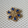 Vintage Brooch Pin Snowflake Blue Clear Crystals Gold Tone 030621