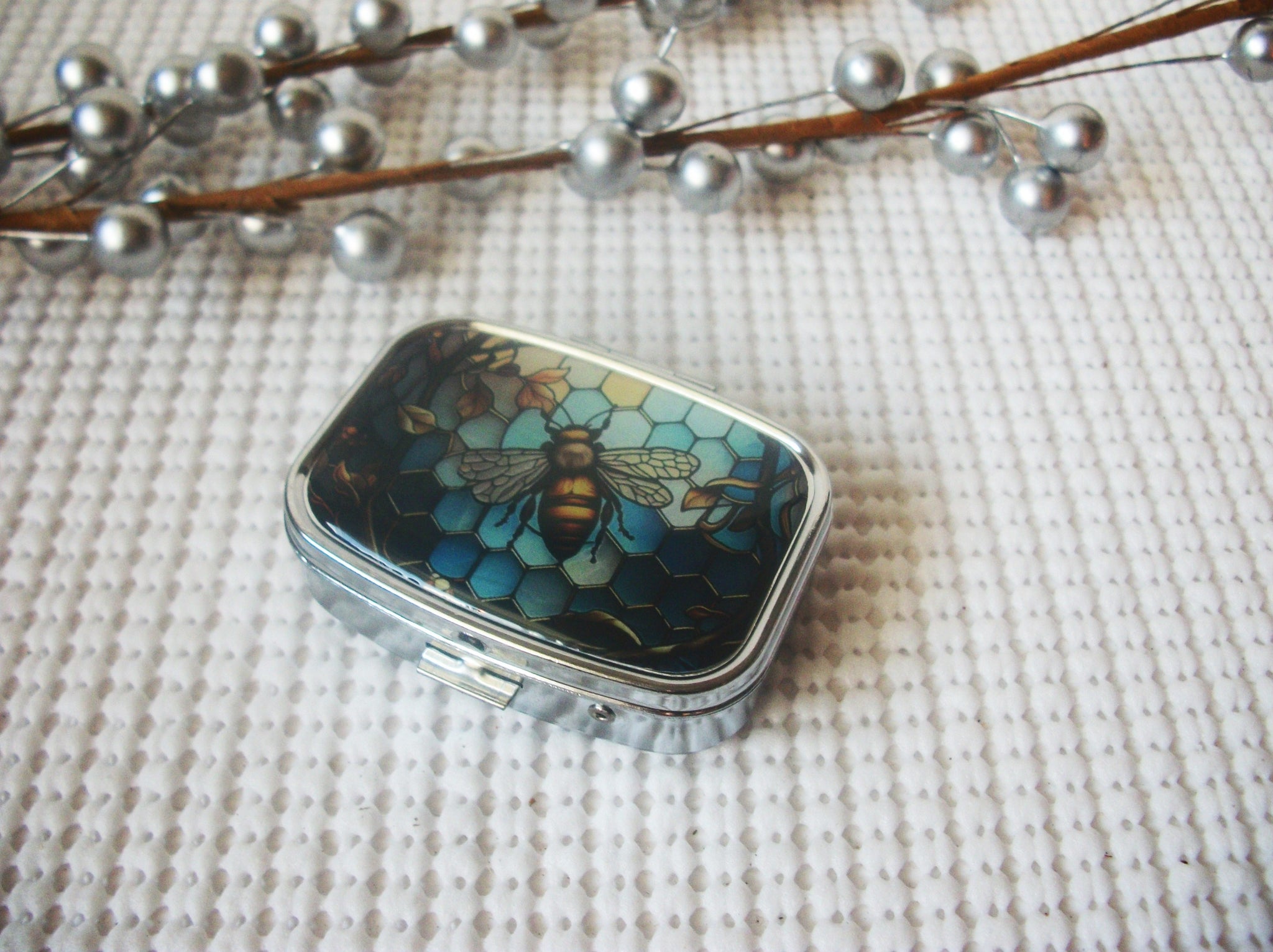Vintage Stainless Steel Honey Bee Pill Box Square Tray 61318