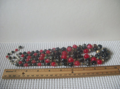 Vintage RARE JAPAN 1950s Black Red Gold Sugar Beads Molded Chunky Triple Strand Necklace 112016