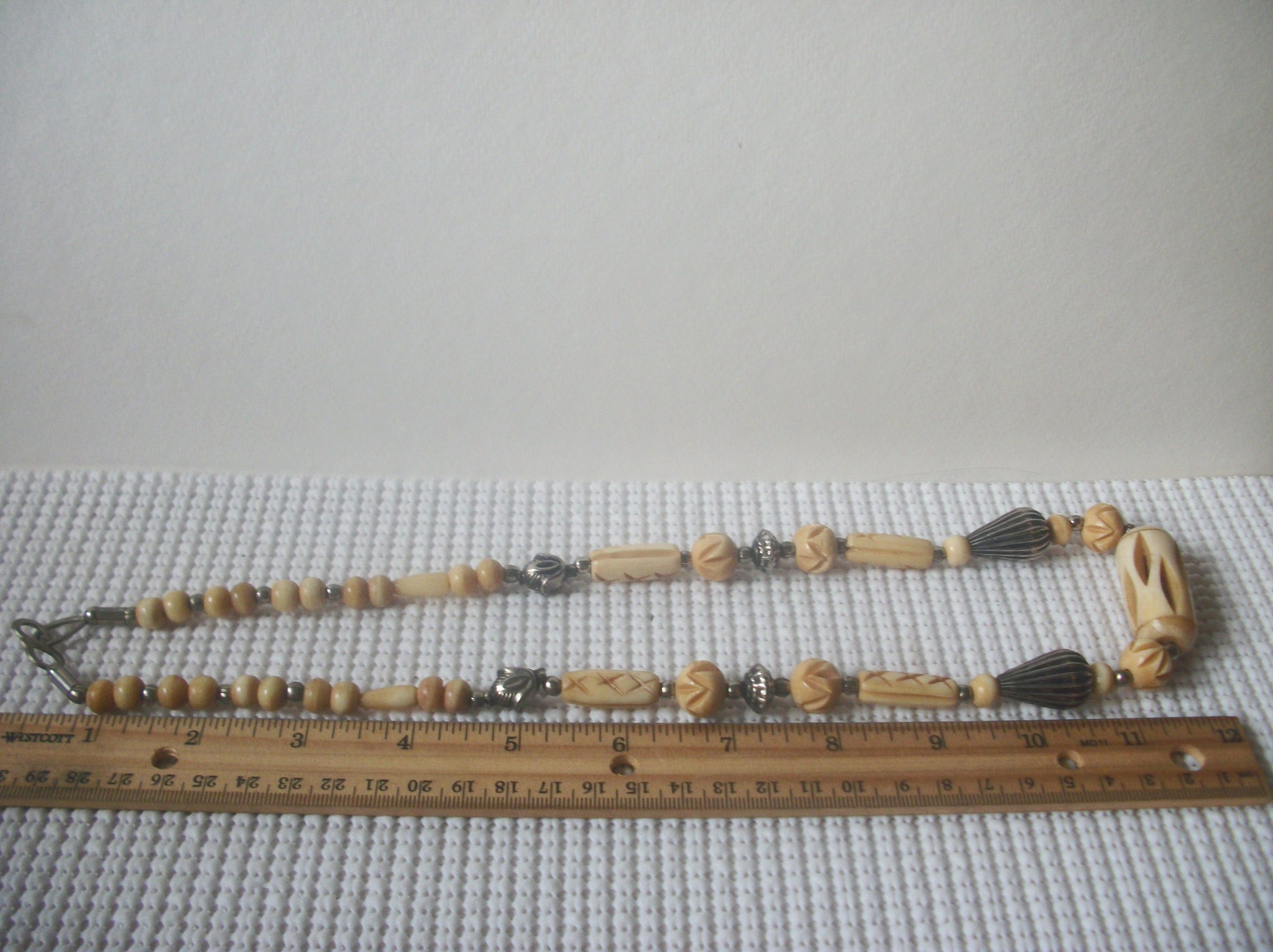 Vintage 1960s Tribal Carved Bone Distressed Silver Metal Beads 24" Long Necklace 112016