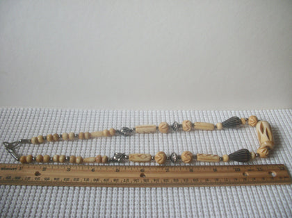 Vintage 1960s Tribal Carved Bone Distressed Silver Metal Beads 24" Long Necklace 112016