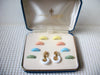 Vintage Signed Crown TRIFARI 5 Pair Pastel Lucite Hoop Exchangeable Gold Tone Clip On 030421 