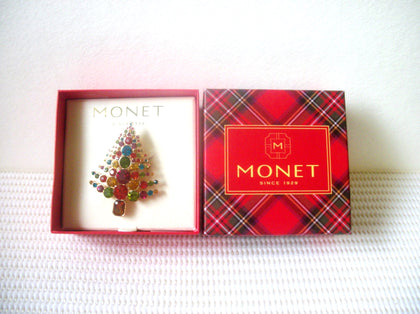 Vintage Brooch Pin, Gorgeous Monet Colorful Festive Christmas Tree in Gold Tones 10717