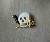 Vintage Brooch Pin, Halloween Skull Black Raven Candle Enameled Gold Tone 030521