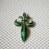 Larger Signed TRIFARI Fleur De Lis Vintage Brooch Pin Green Enameled Gold Tone 030521