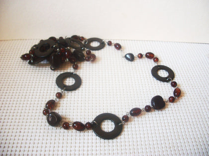 Brown Glass 56" Long Hand Crafted Beads, Polished Stones, Old Plastic Silver Tone, No Closure Vintage Necklace 63017