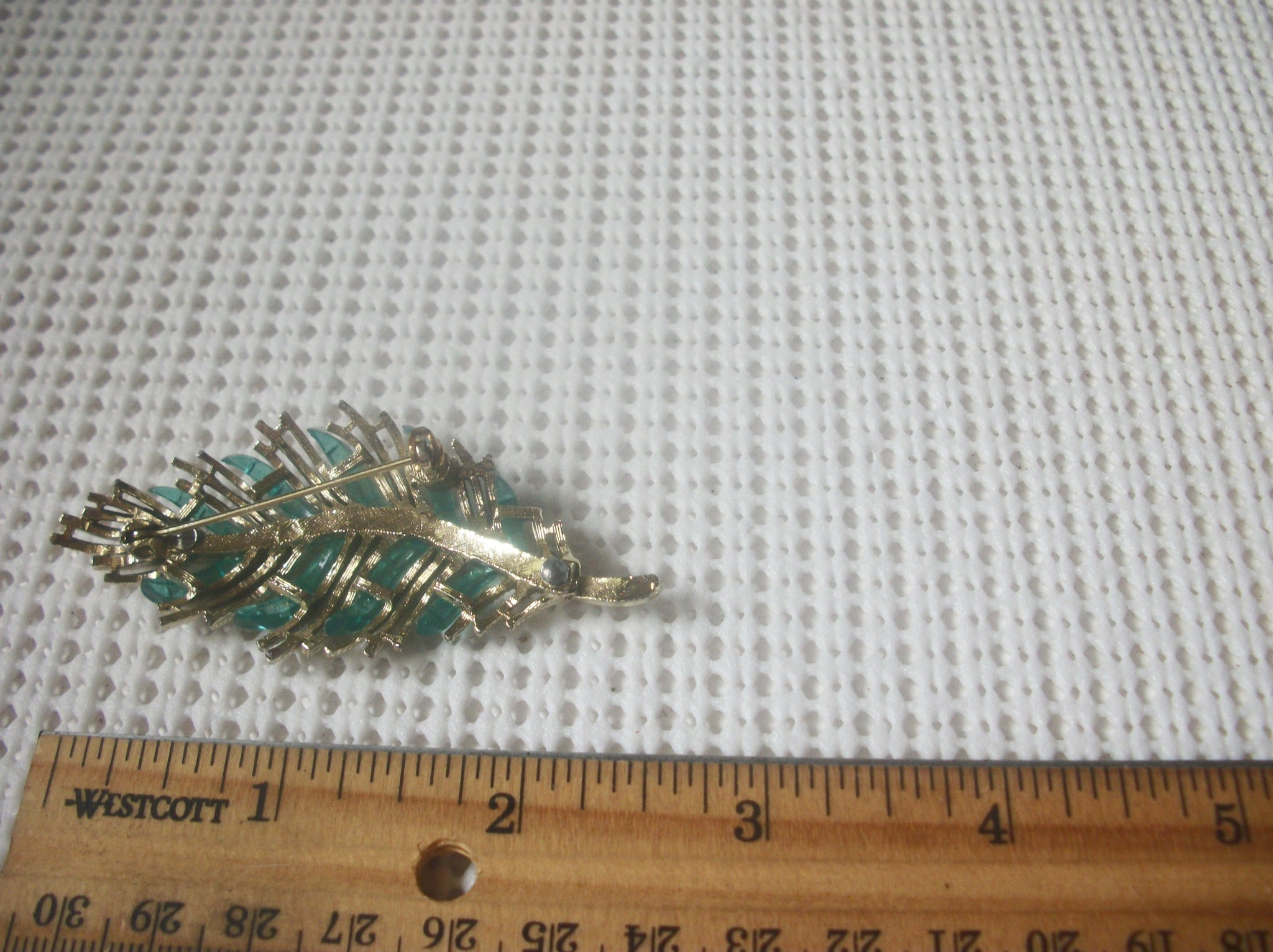 Vintage Brooch Pin, Blue Lucite Inlays Leaf, Silver Tone 82317