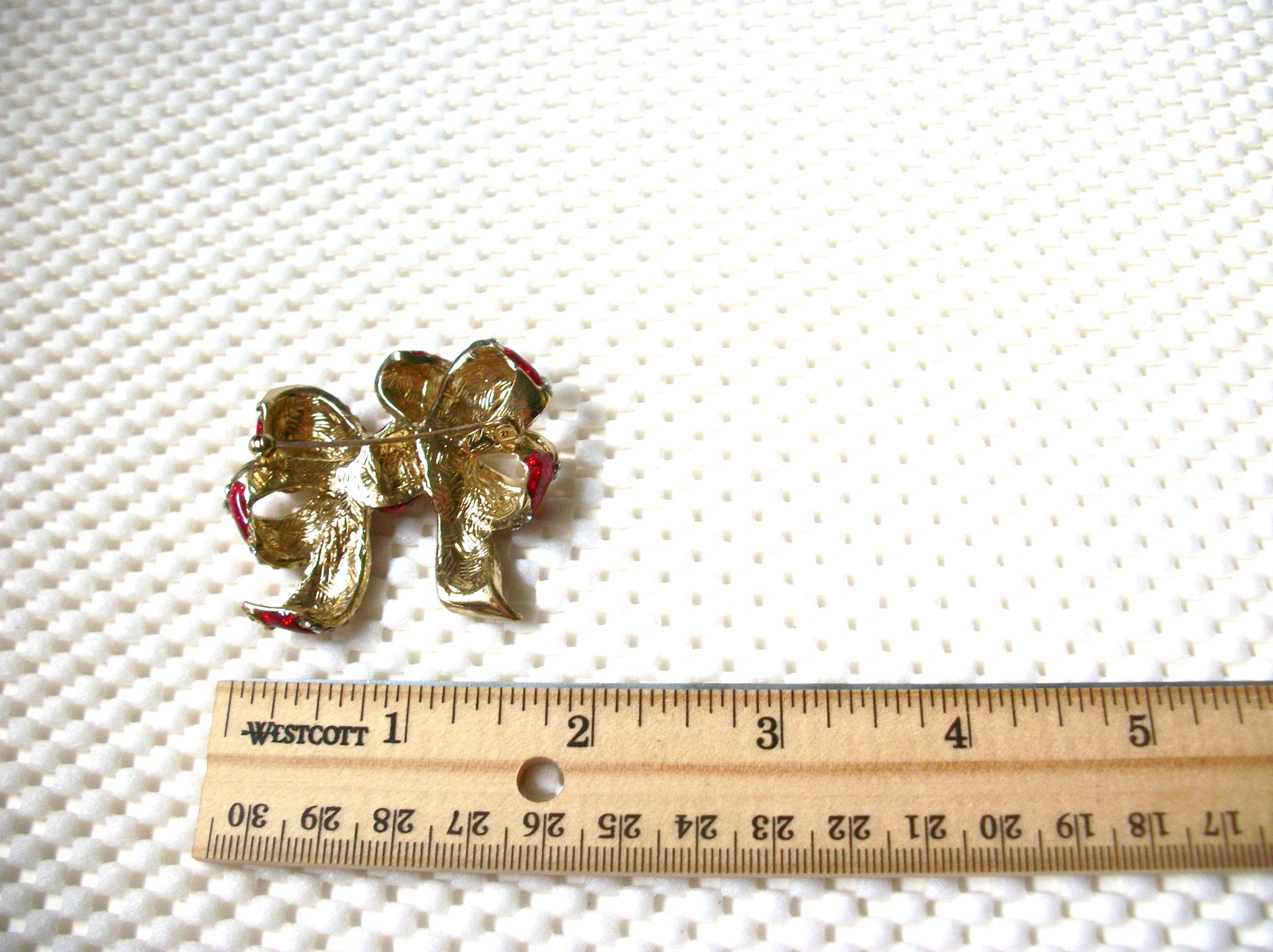 Vintage Brooch Pin Festive Ribbon Red Enameled Clear Crystals Gold Tone 030621