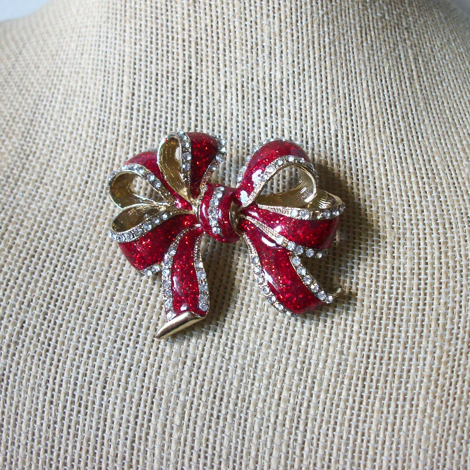 Vintage Brooch Pin Festive Ribbon Red Enameled Clear Crystals Gold Tone 030621