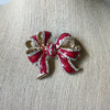 Vintage Brooch Pin Festive Ribbon Red Enameled Clear Crystals Gold Tone 030621