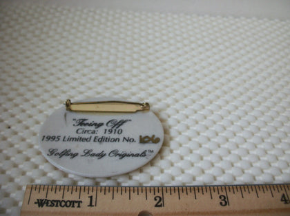 Vintage Brooch Pin, Golfing Ladies Originals Porcelain Signed 030521