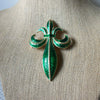 Larger Signed TRIFARI Fleur De Lis Vintage Brooch Pin Green Enameled Gold Tone 030521