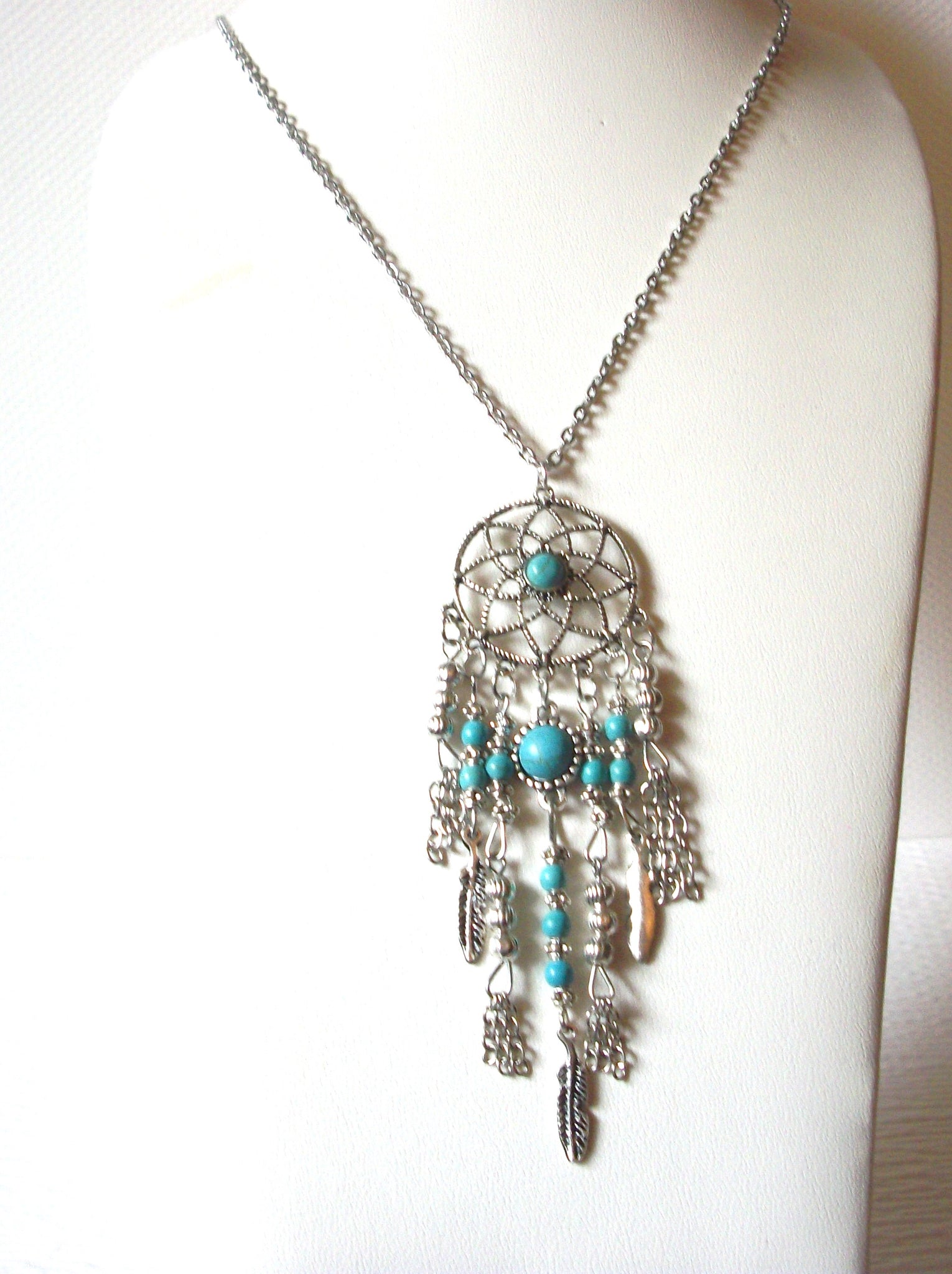 Dream Catcher Pendant Silver Toned Faux Turquoise Necklace 9216
