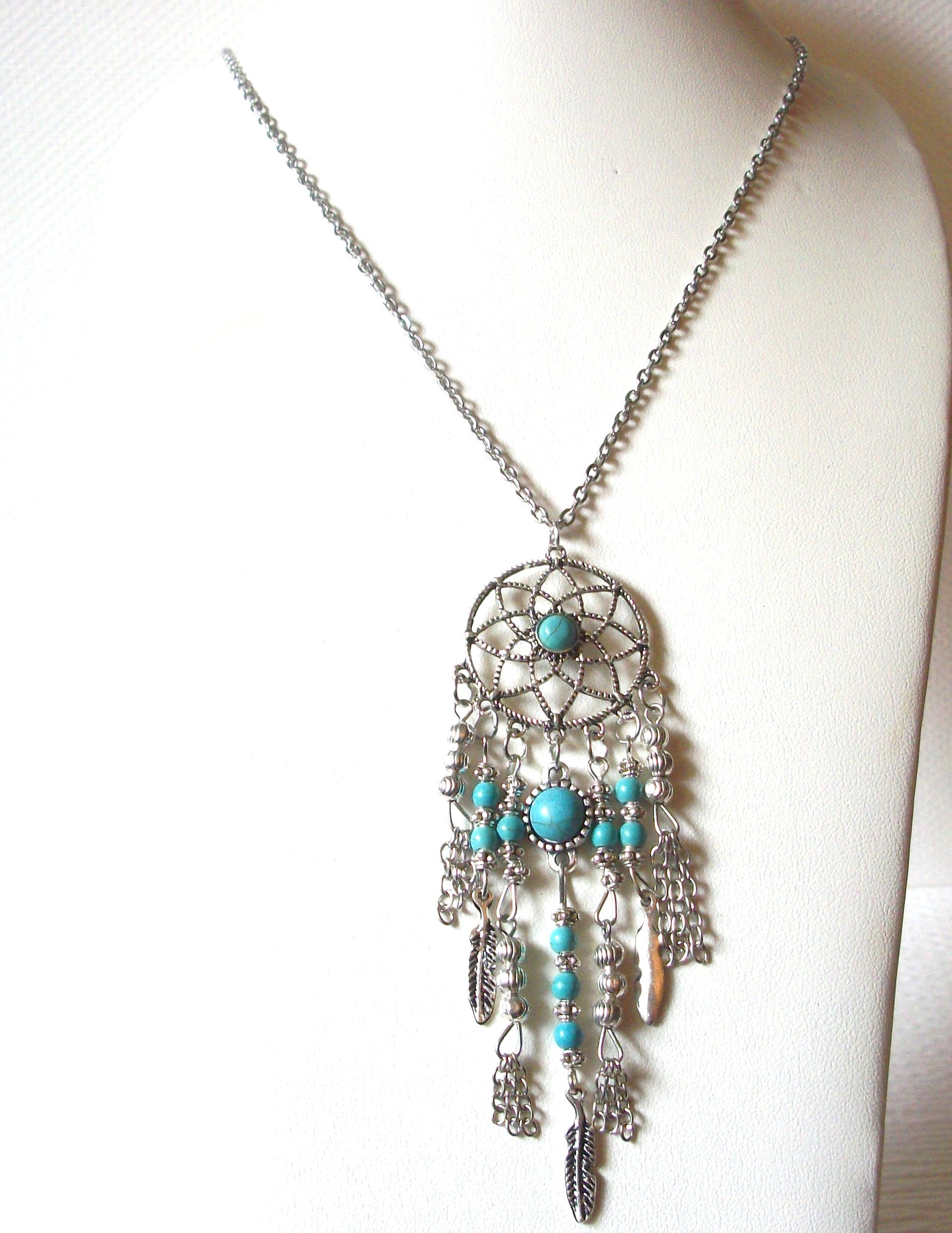 Dream Catcher Pendant Silver Toned Faux Turquoise Necklace 9216