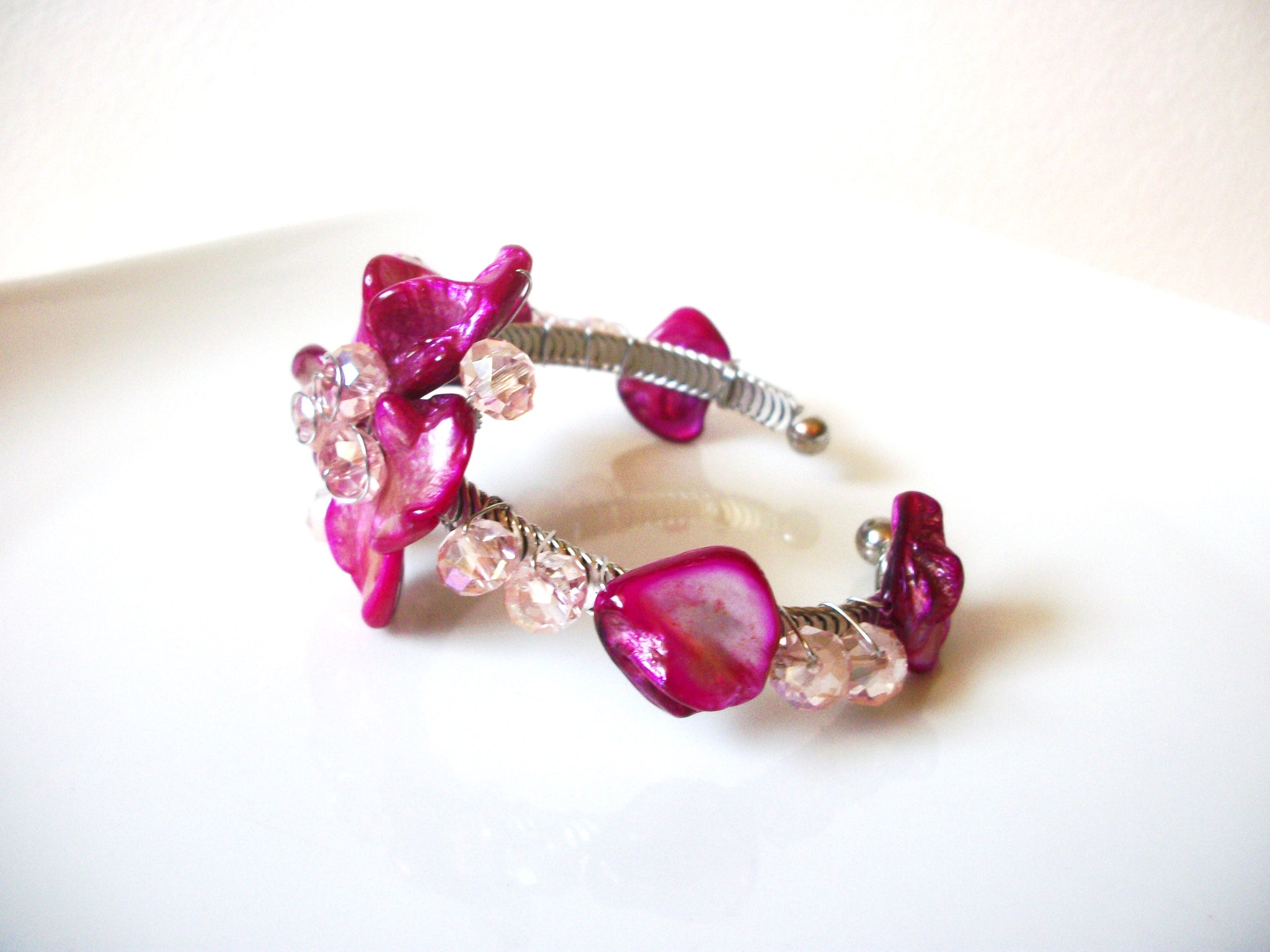 Hand Made Wired Pink Dyed Shell Czech Crystal Cuff Bracelet 91617
