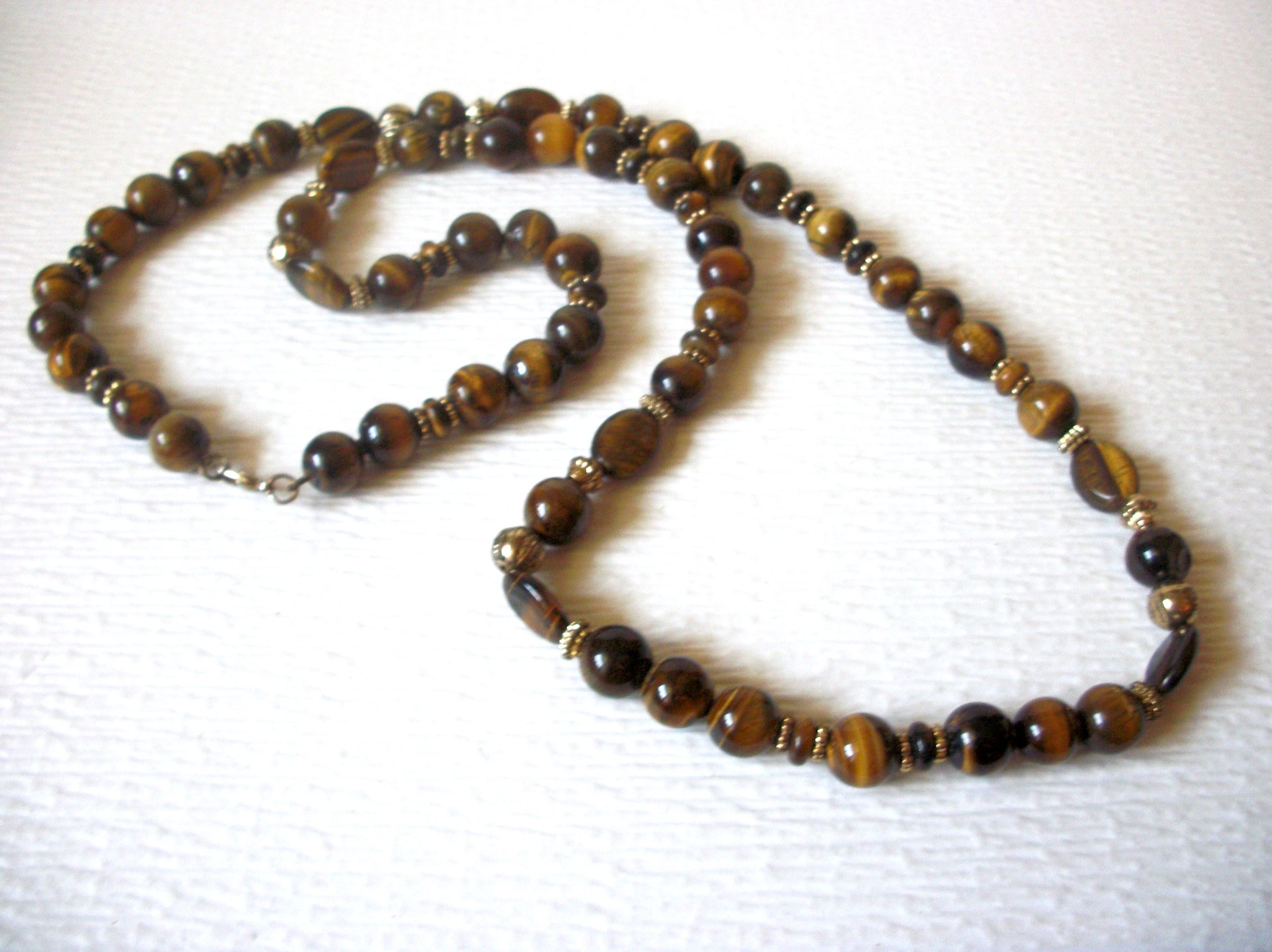 Tigers Eye Semi Precious Stone 36" Long Vintage Glass Necklace 61518