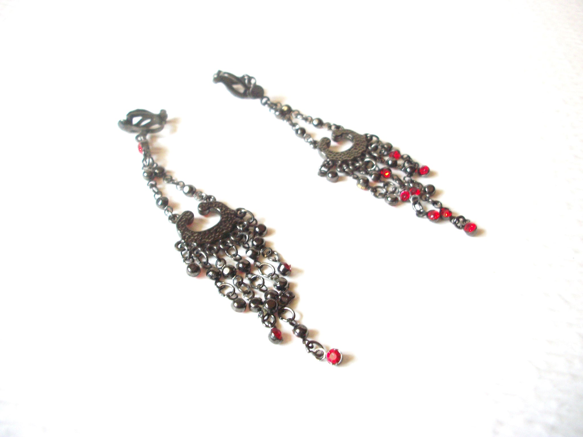 Red Rhinestones Chandelier Vintage Clip On Earrings 91517