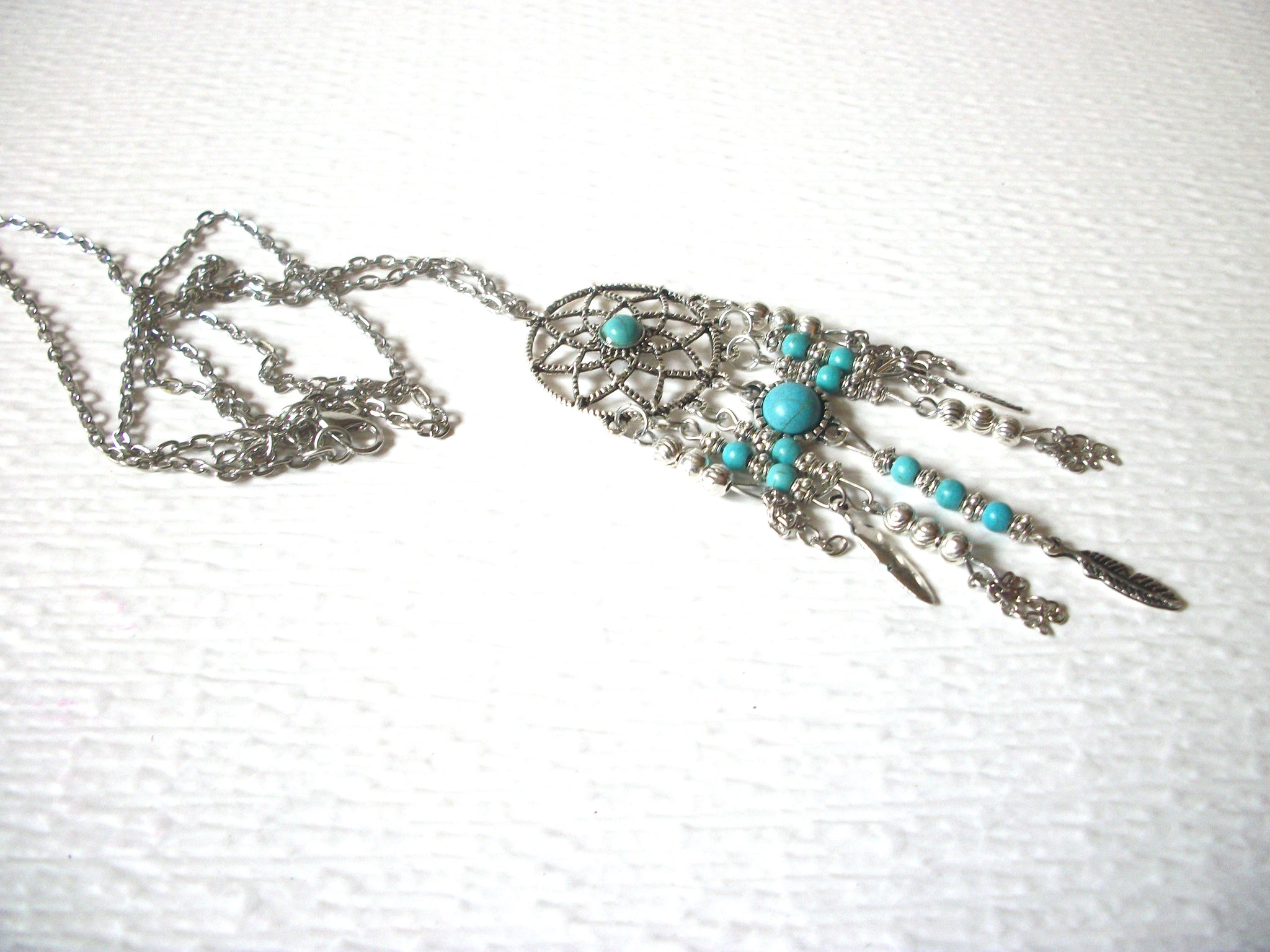 Dream Catcher Pendant Silver Toned Faux Turquoise Necklace 9216