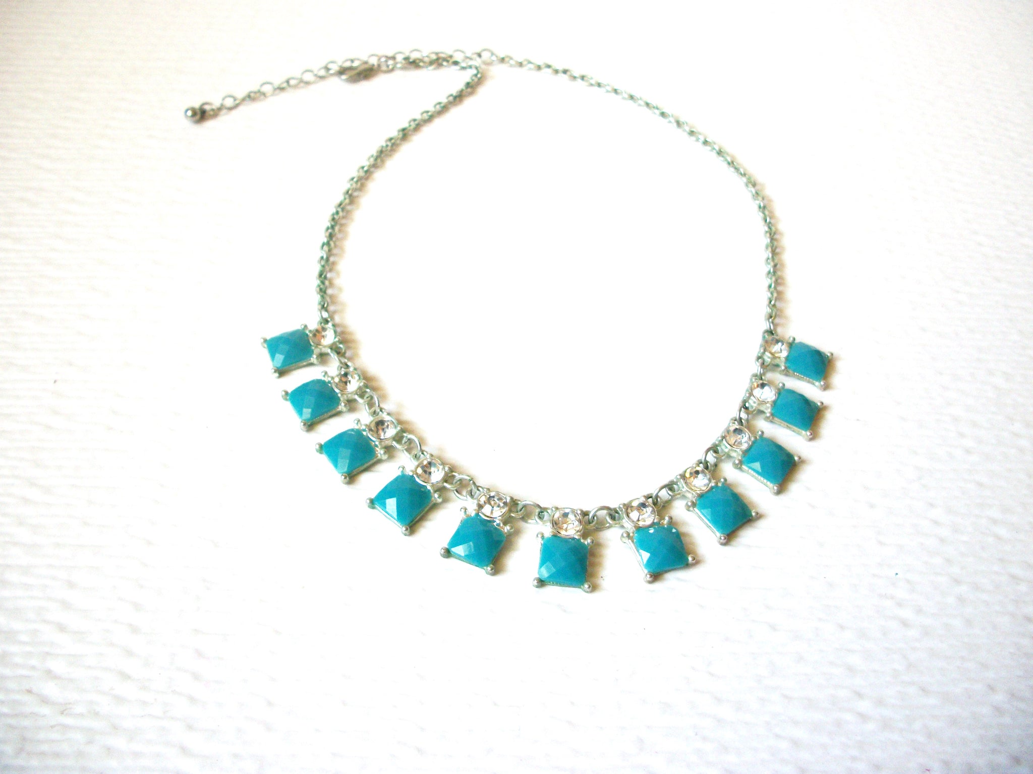 Retro Silver Blue Clear Rhinestone Necklace 60116