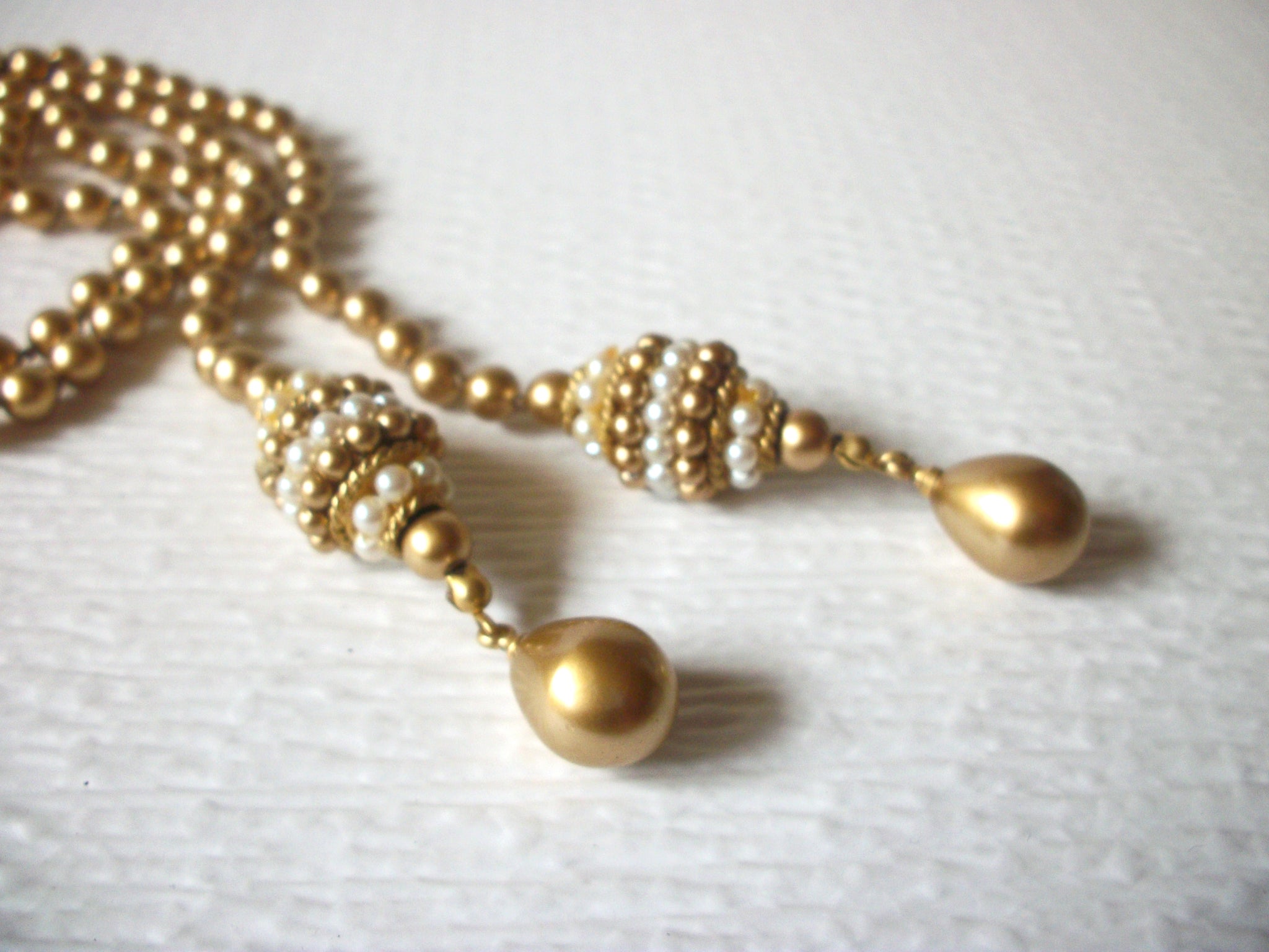 Vintage Long Matte Gold Toned Faux Pearl 44" Tassel Necklace 9216