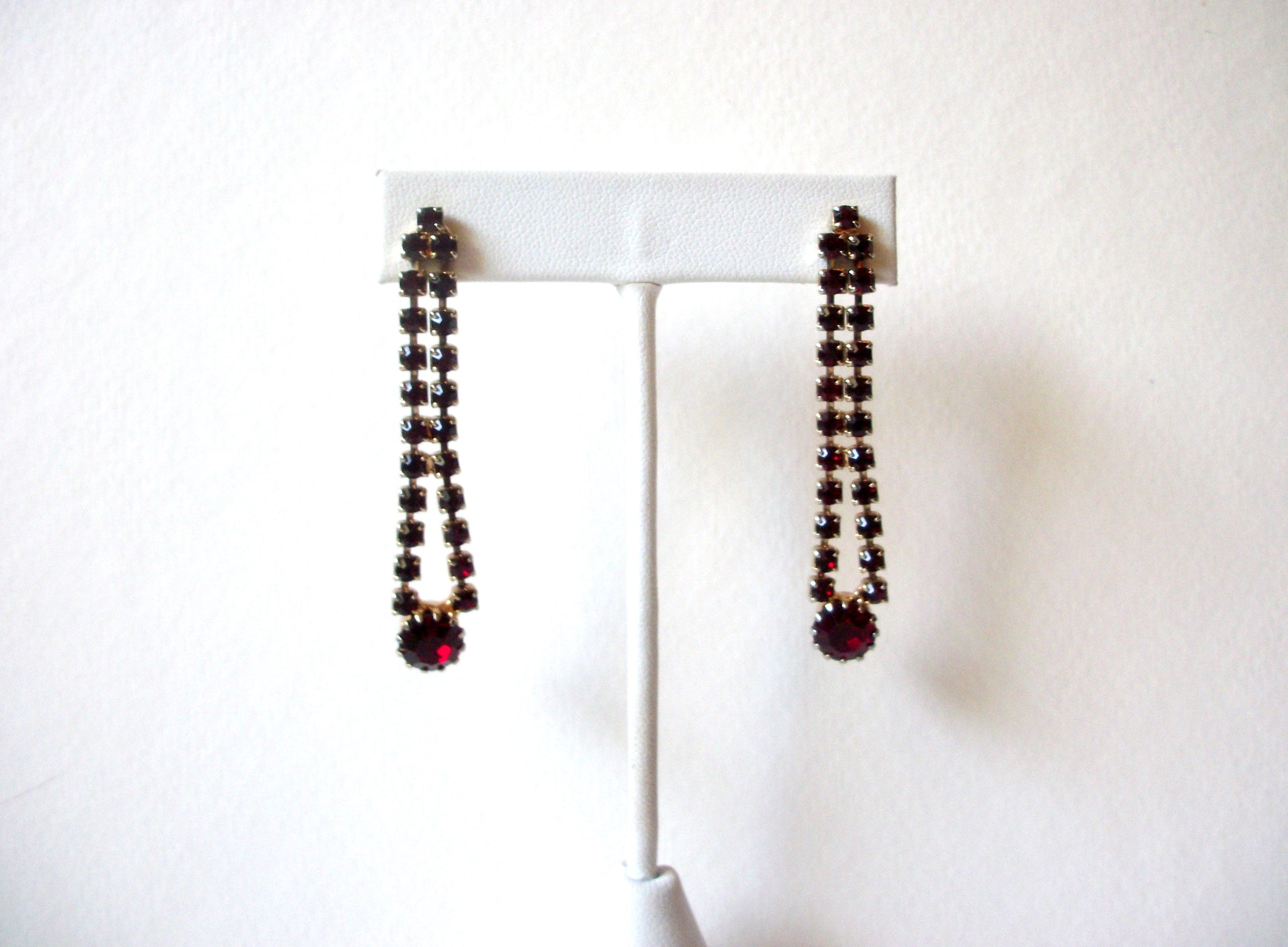 Vintage 2 Inch Ruby Red Rhinestone Dangle Earrings 93017