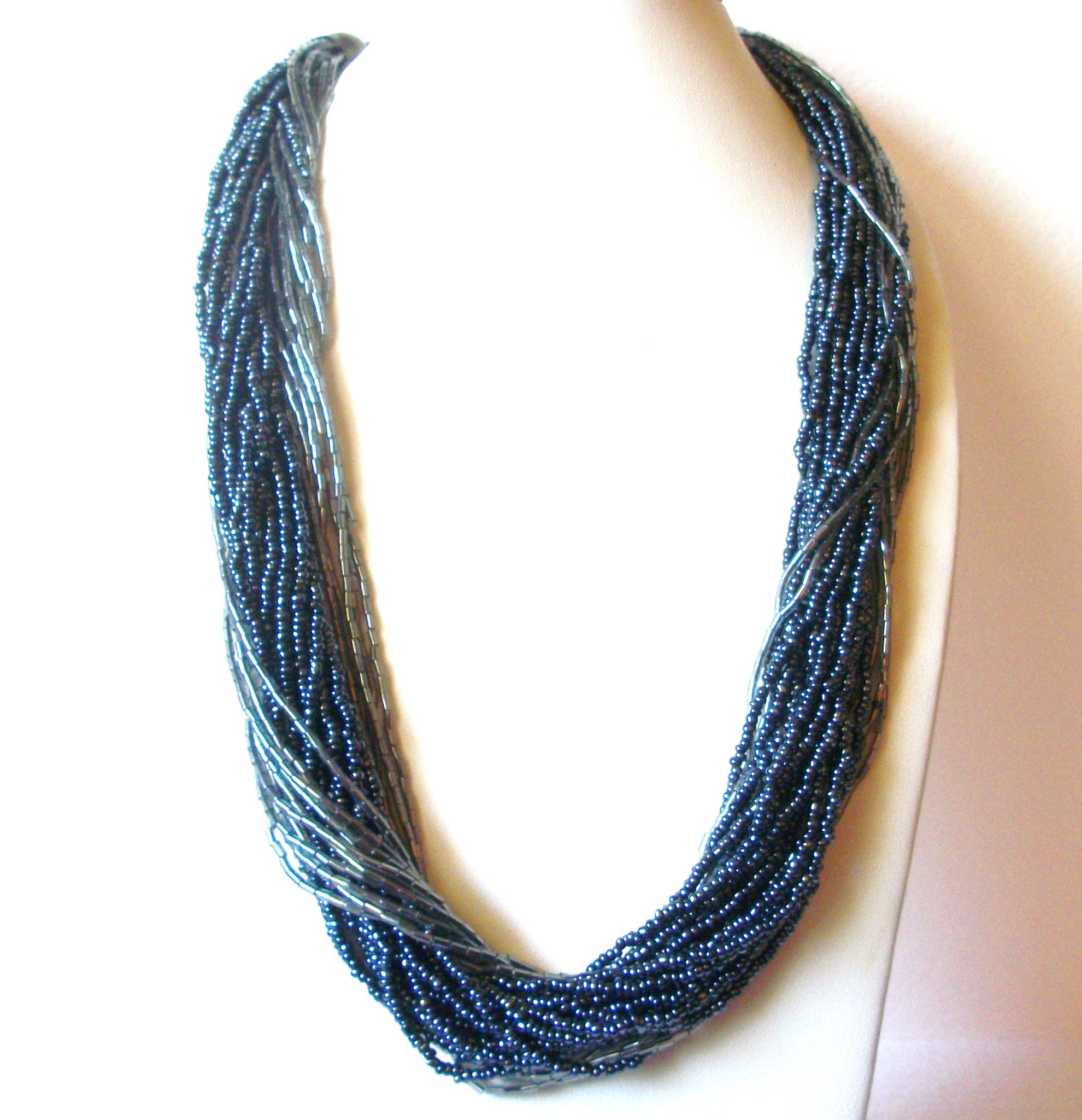 Mystic Gray Multi Strand Glass Micro Beads Chunky Vintage Necklace 122820