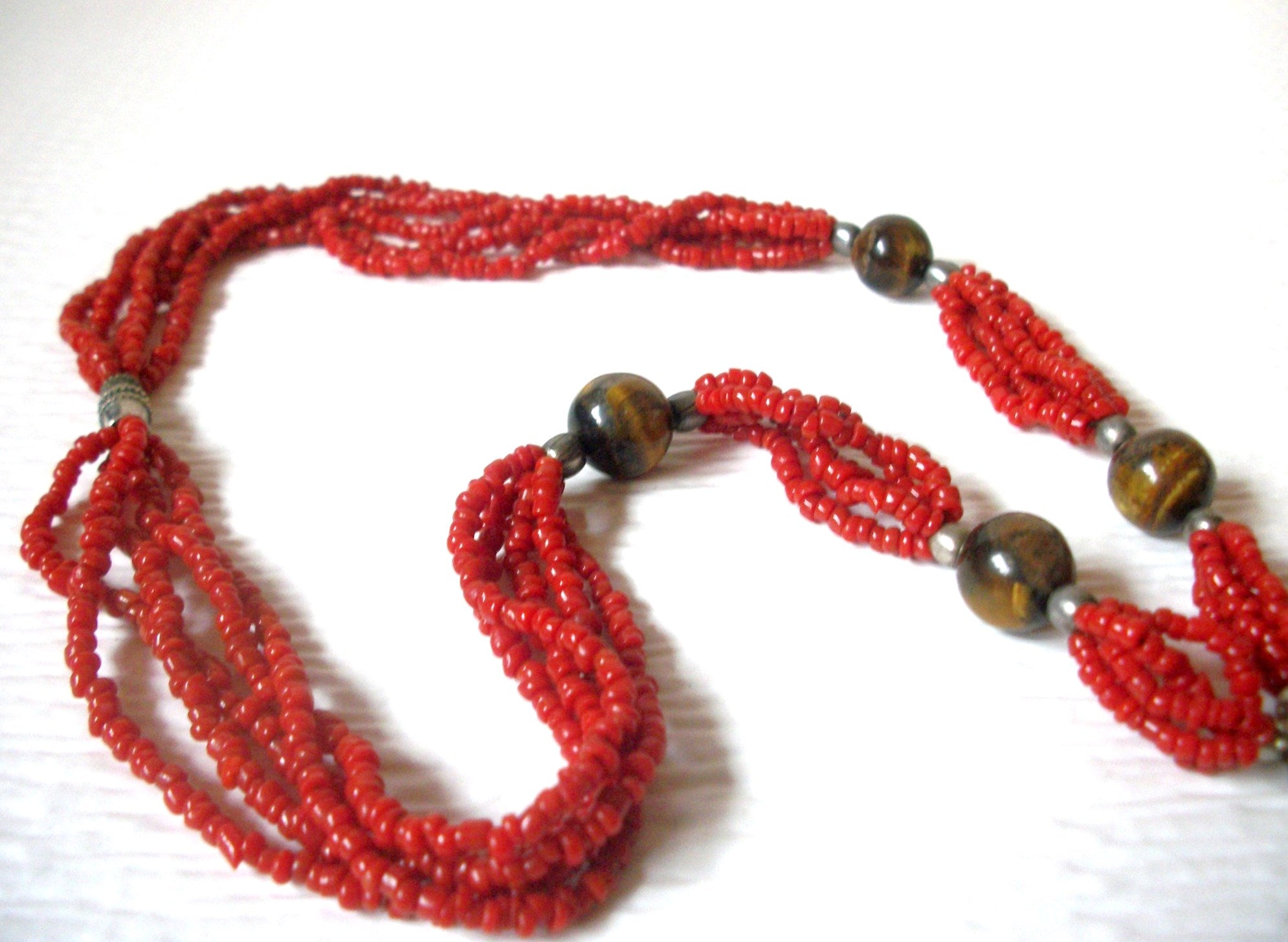 Southwestern Necklace, Black Onyx Pendant. Paprika Glass, Tiger Eye 19" Long 82016