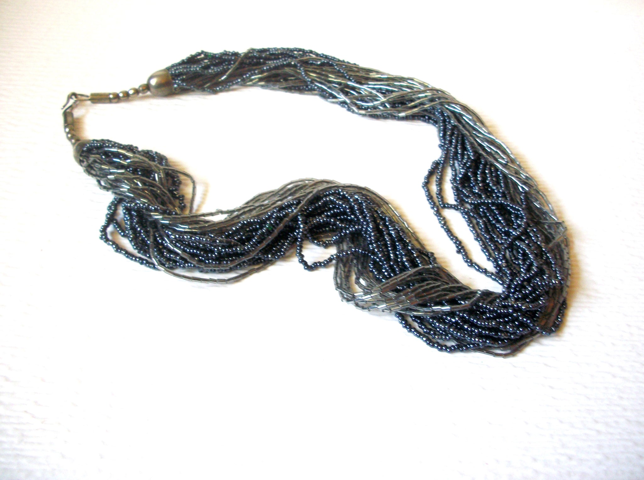 Mystic Gray Multi Strand Glass Micro Beads Chunky Vintage Necklace 122820