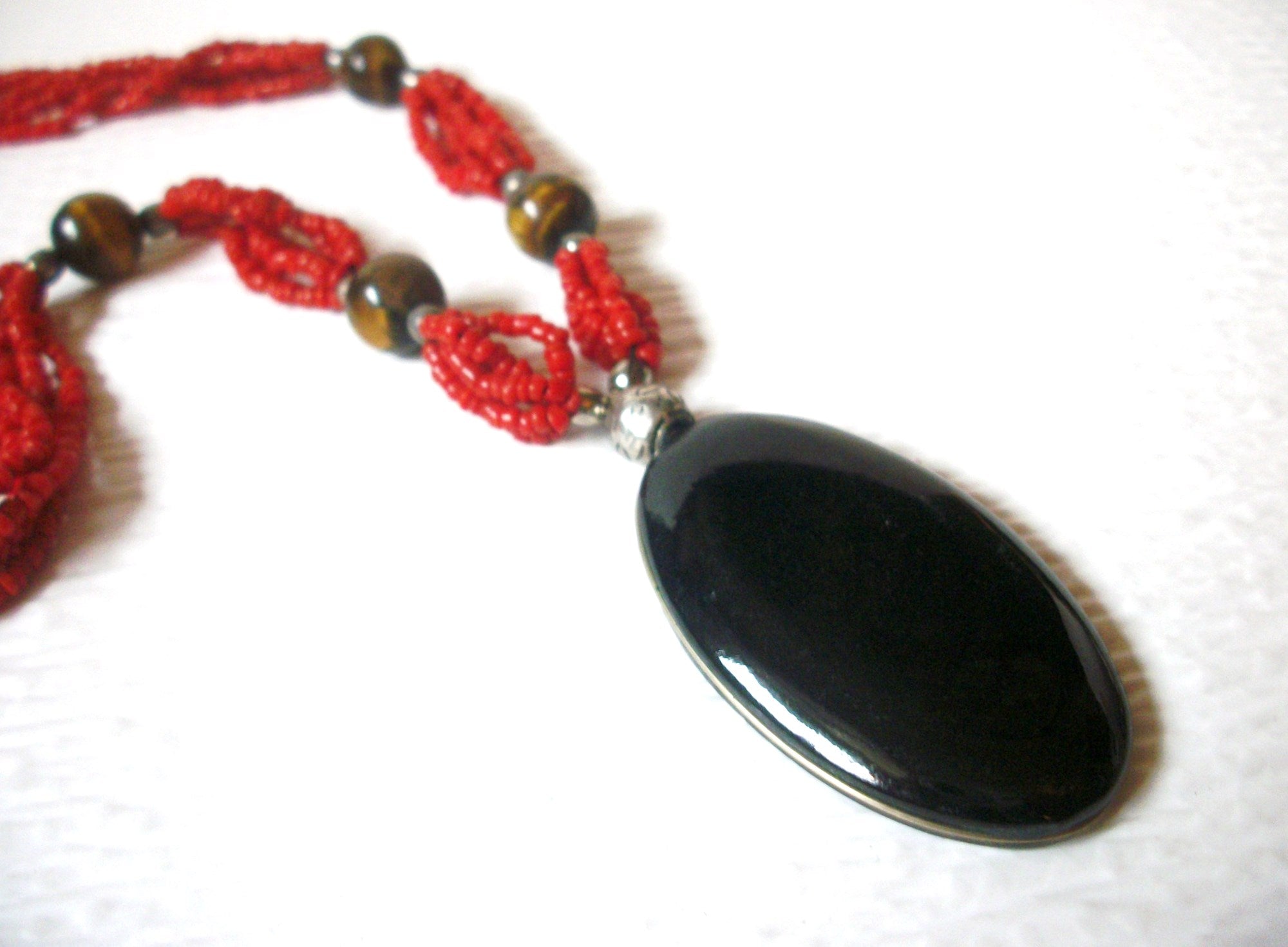Southwestern Necklace, Black Onyx Pendant. Paprika Glass, Tiger Eye 19" Long 82016