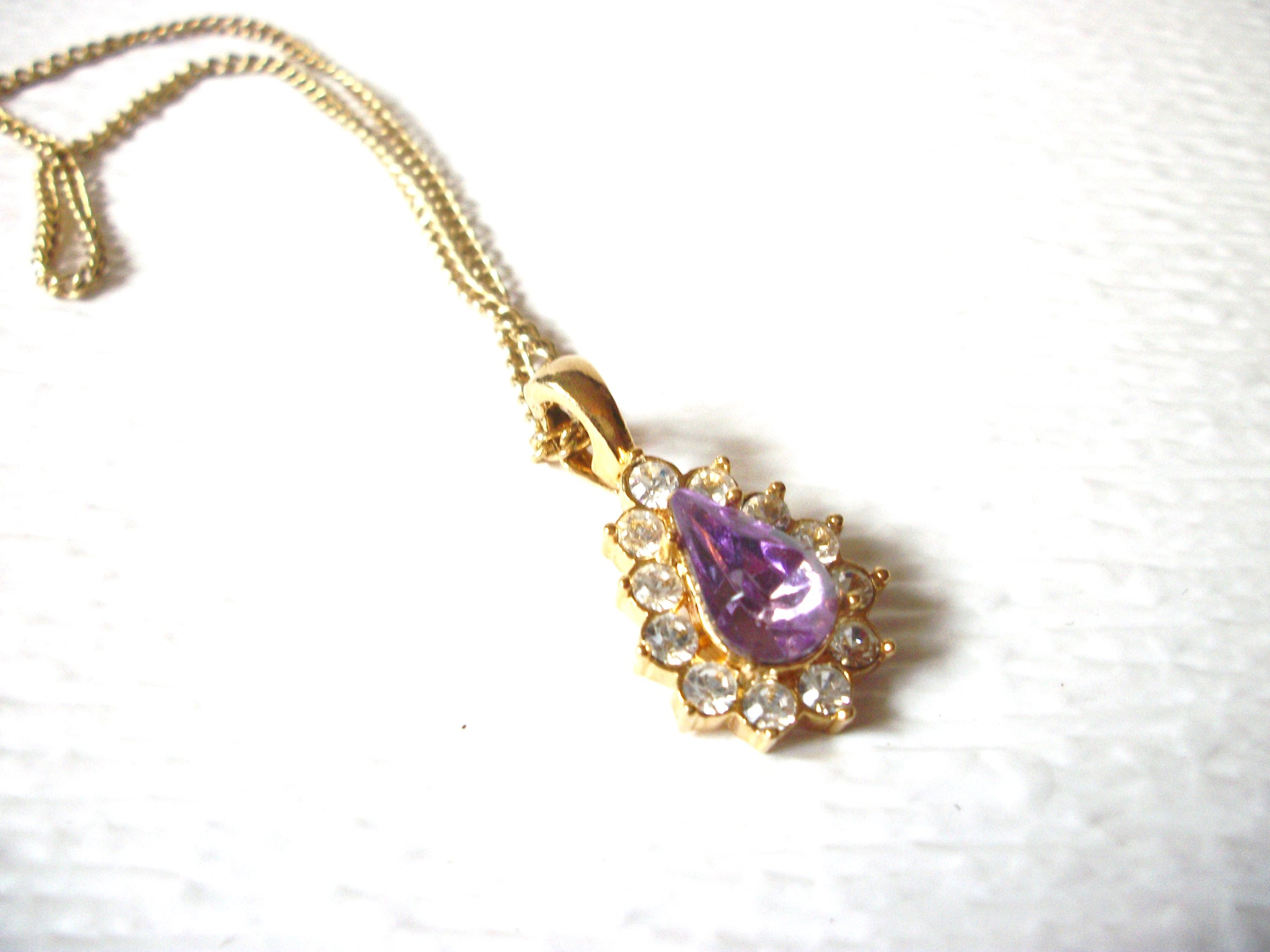 Vintage Gold Toned Amethyst Clear Rhinestone Pendant Necklace 9216