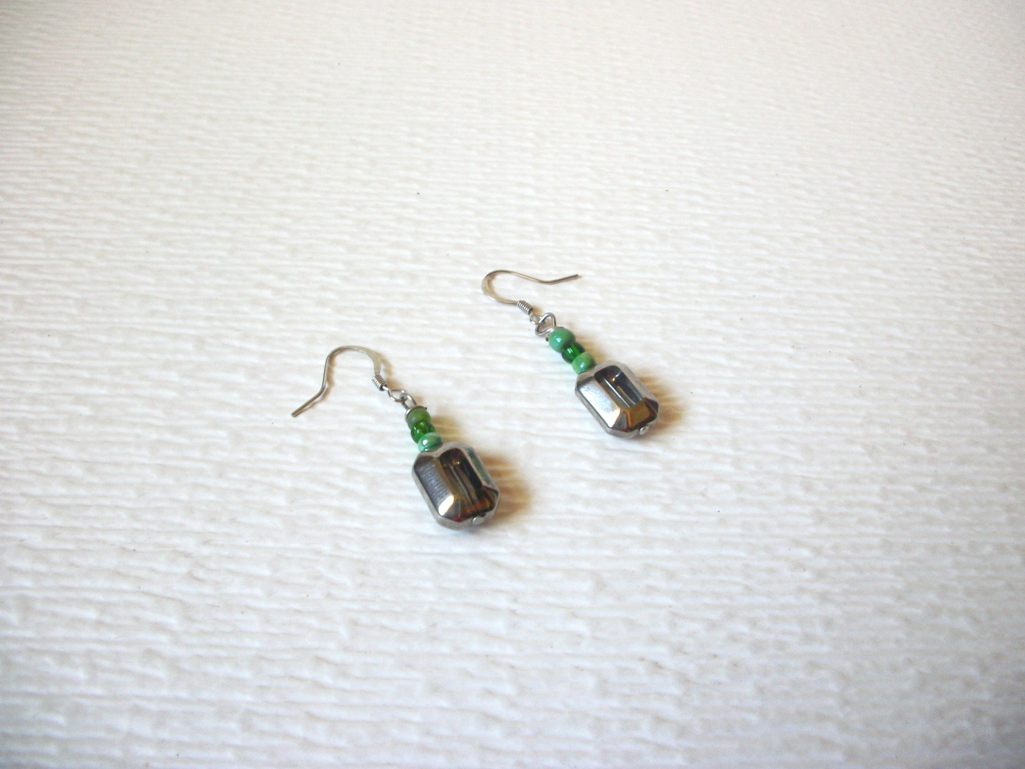 Vintage Silver Green Glass Dangle Earrings 121816