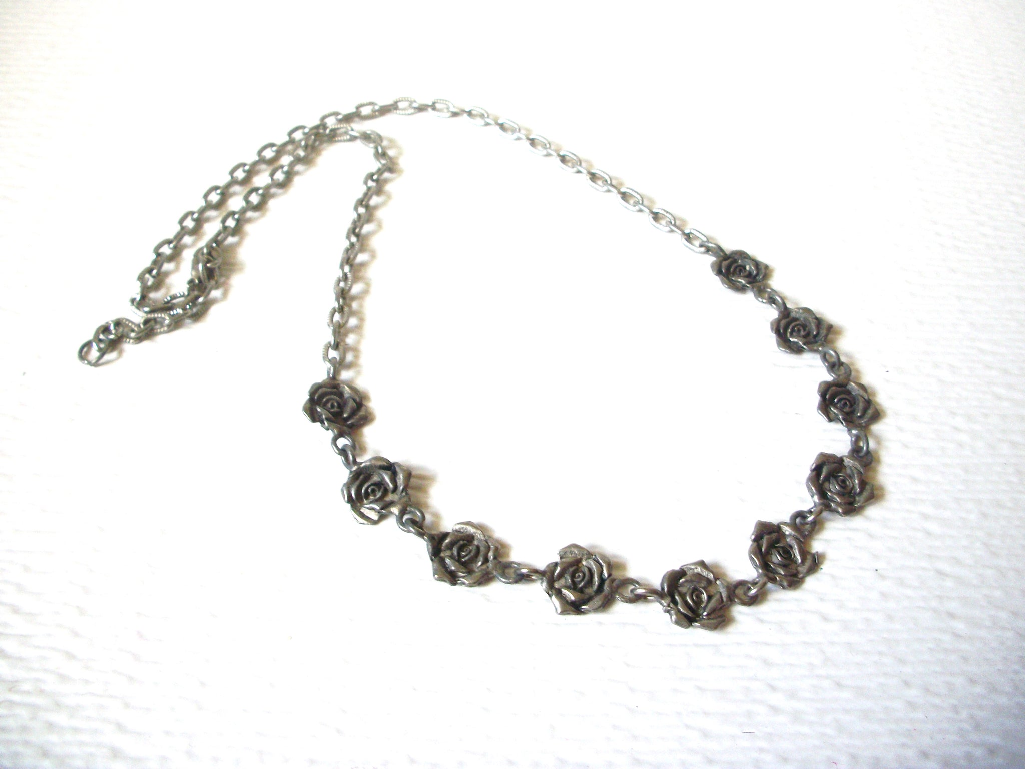 Metal Roses Flowers Antiqued Silver Toned Vintage Necklace 123020