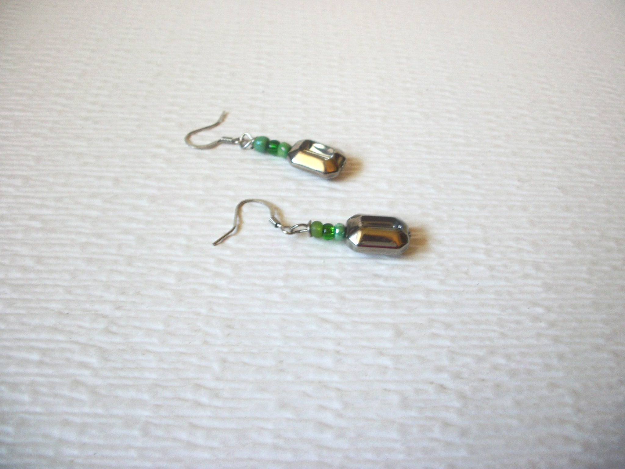 Vintage Silver Green Glass Dangle Earrings 121816