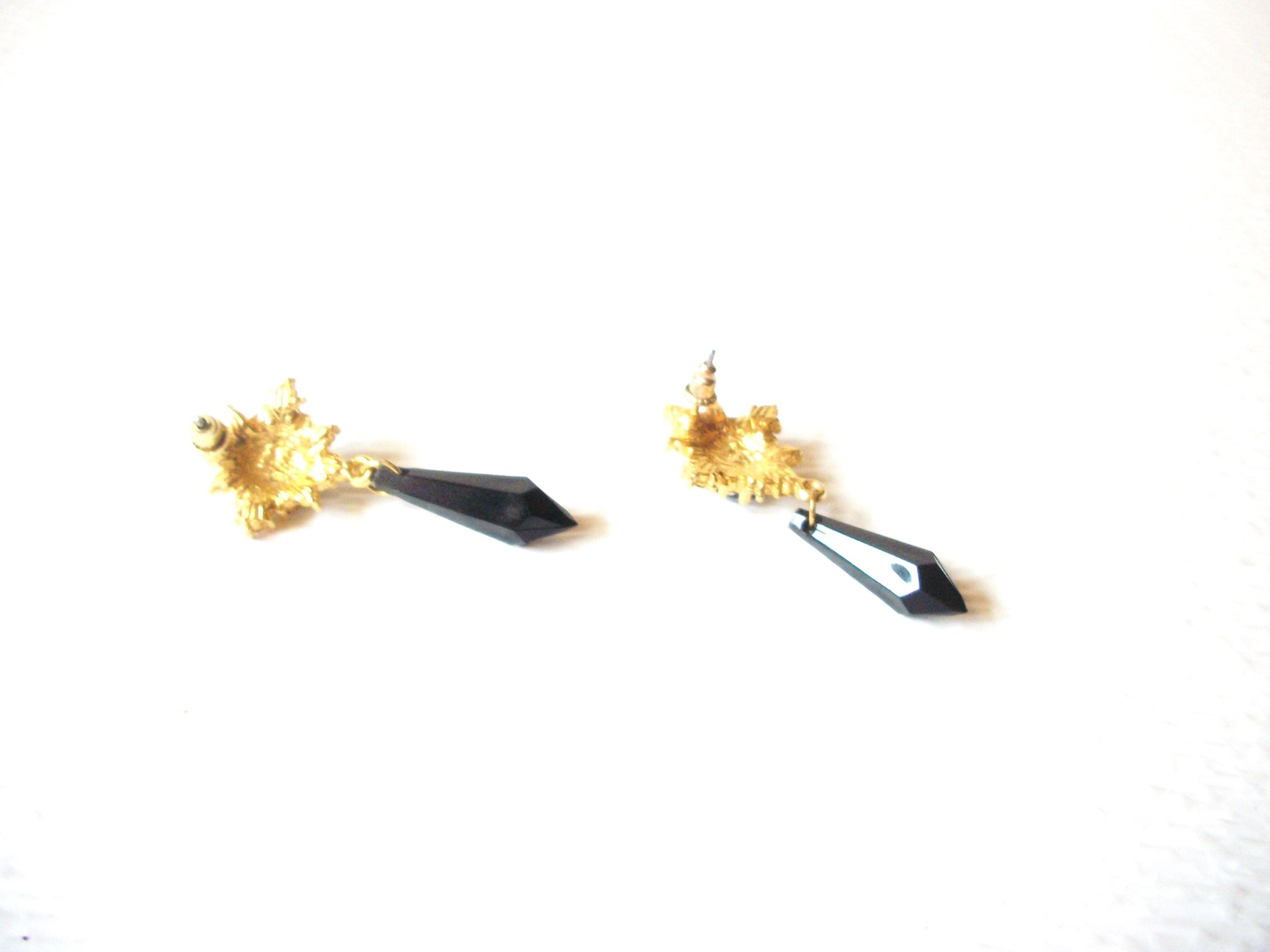 Gold Toned Black Clear Rhinestone Dangle Earrings 91517