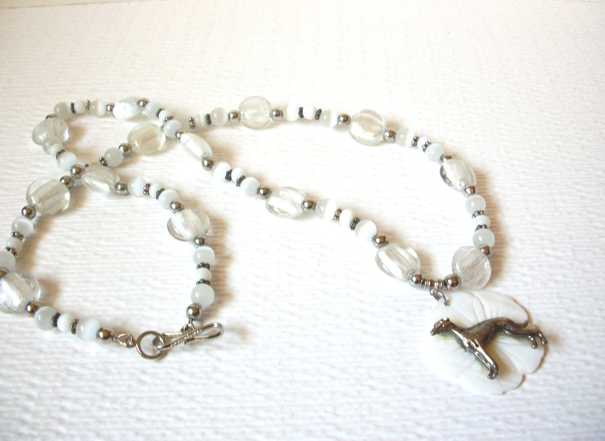 Hand Made Frosted Glass Mother Of Pearl Dog Pendant Necklace 122920