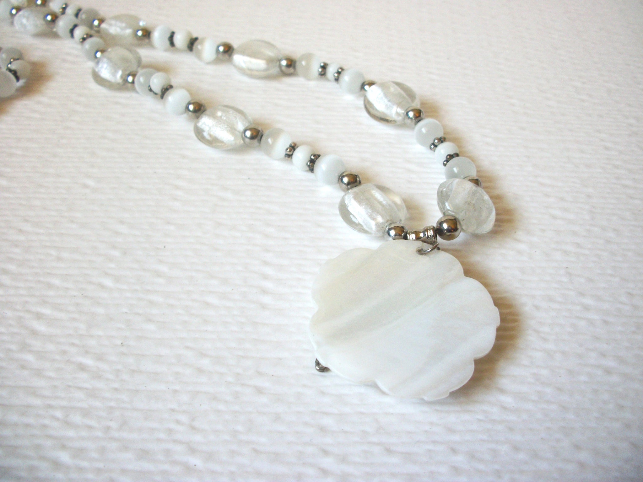 Hand Made Frosted Glass Mother Of Pearl Dog Pendant Necklace 122920