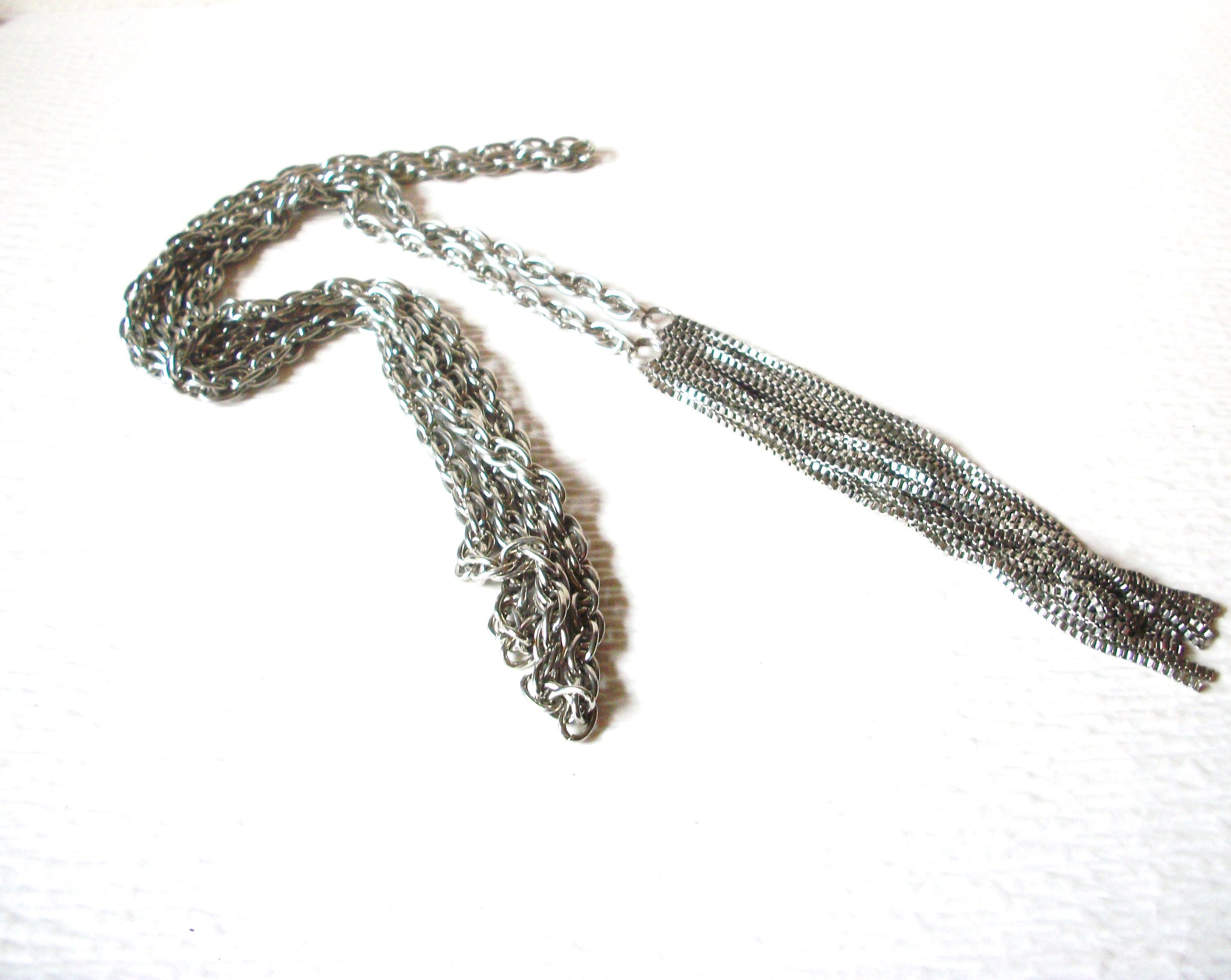 Vintage Silver Toned Links Tassel 60" Necklace 123116