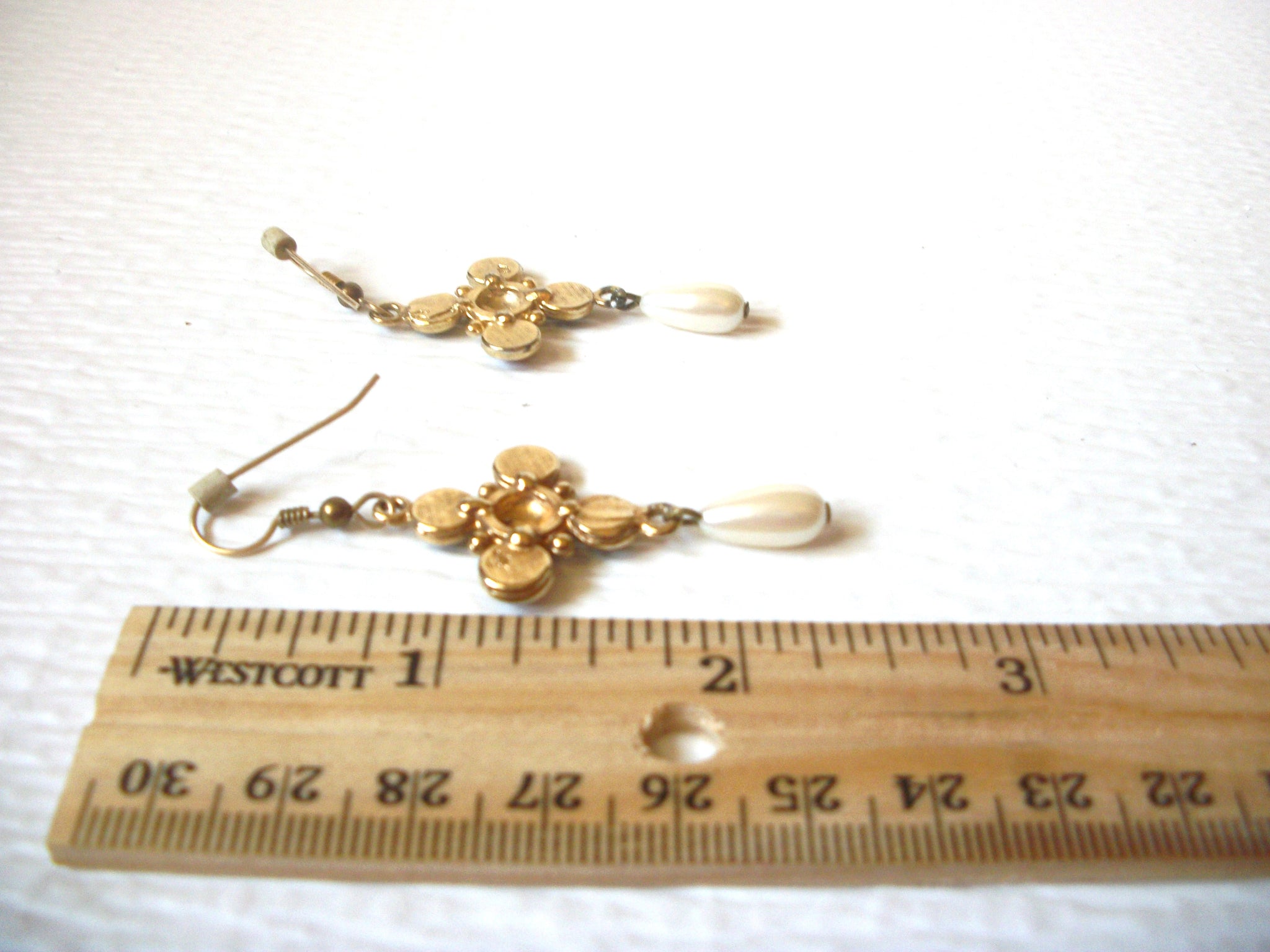 Vintage Earrings Gold Toned Faux Pearl Red Green Blue Glass Inlay 2 1/2" Long Cross Shaped On 62617