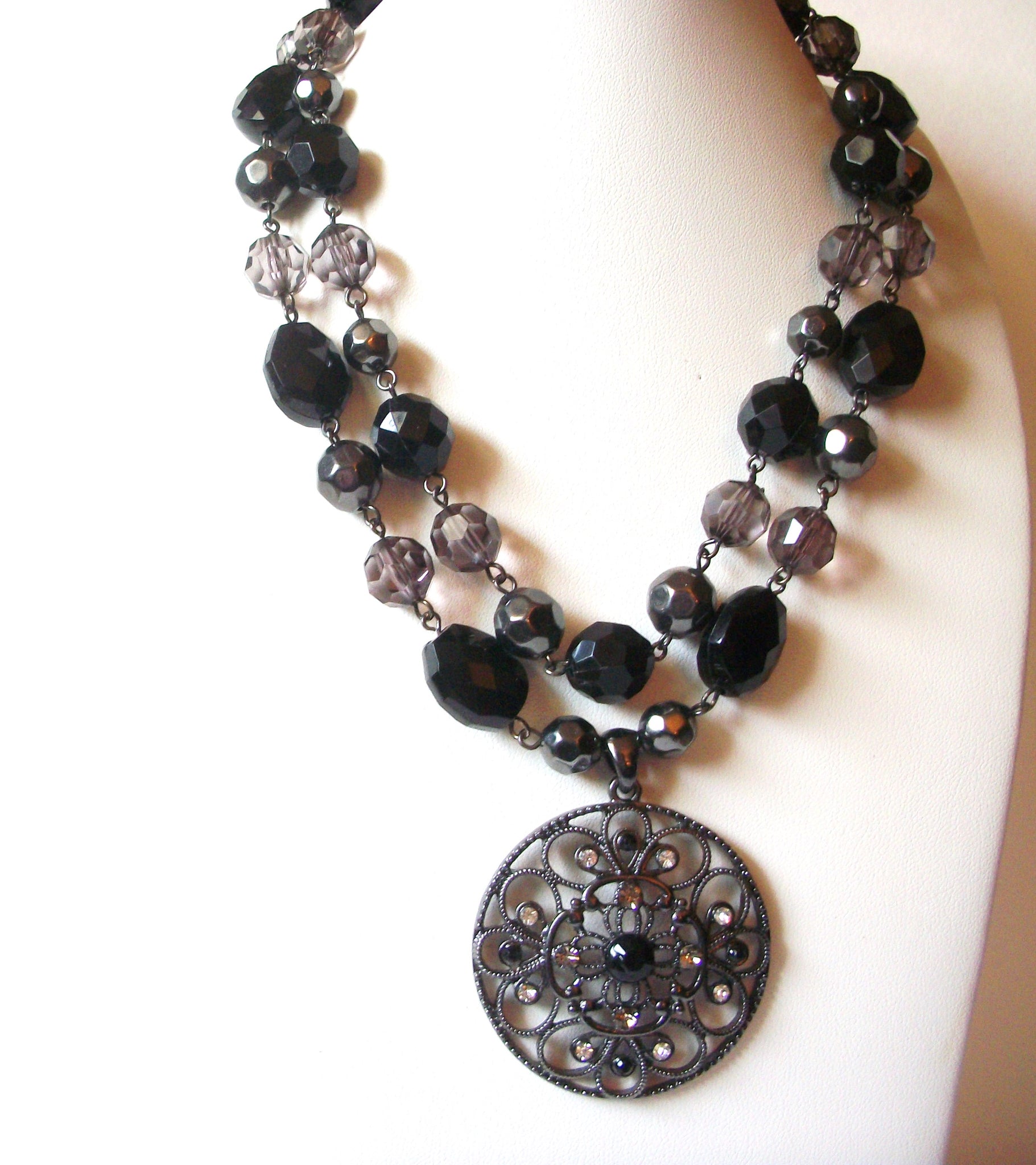 Mad Woman Chunky Silver Plum Black Rhinestone Pendant Necklace 91517