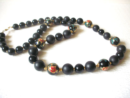 RARE JAPAN Black Gold Toned Cloisonne Flower 1950s Vintage Necklace 91017