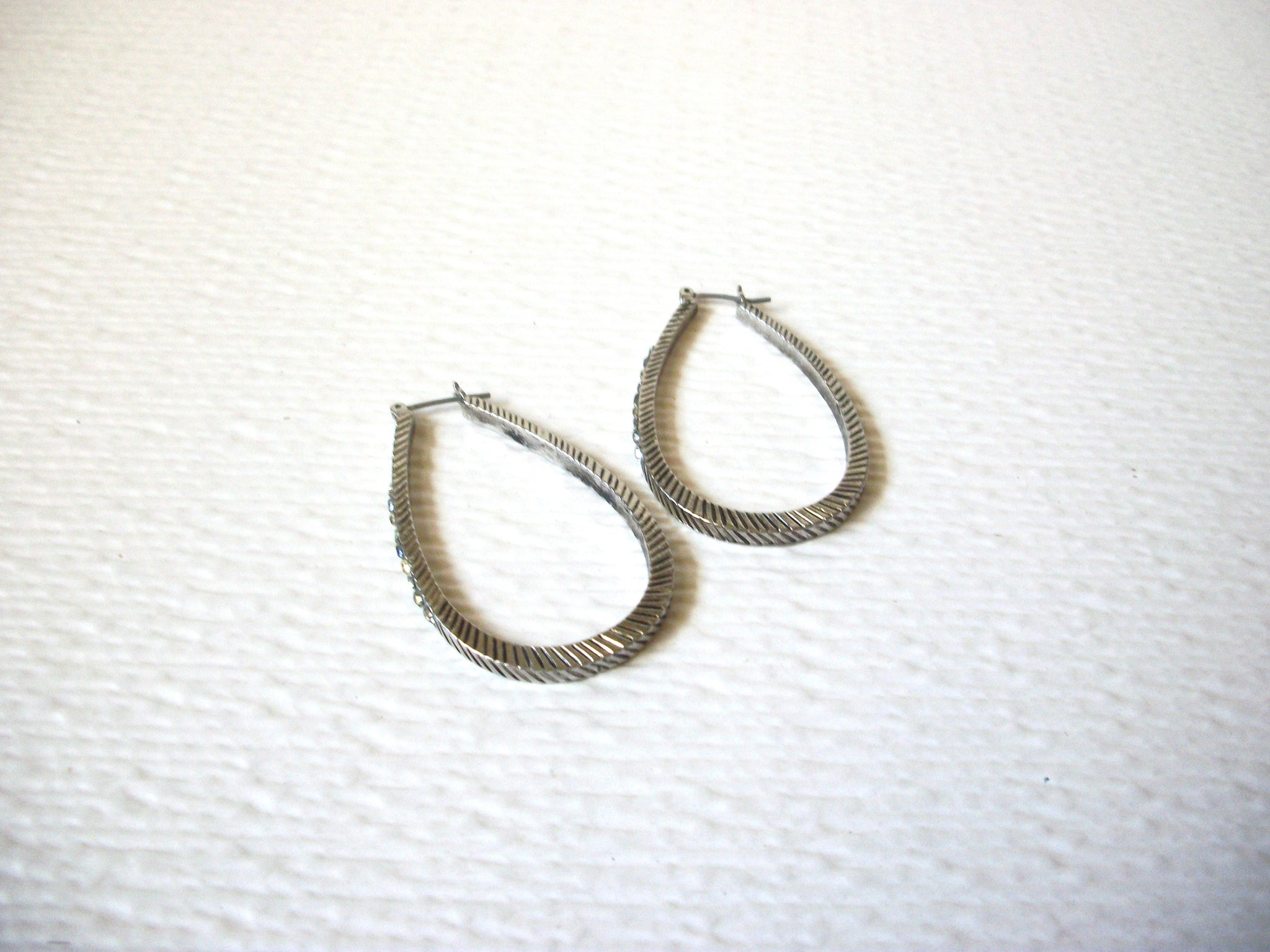 Retro Silver Toned Rhinestone Oval Hoop Earrings 123020