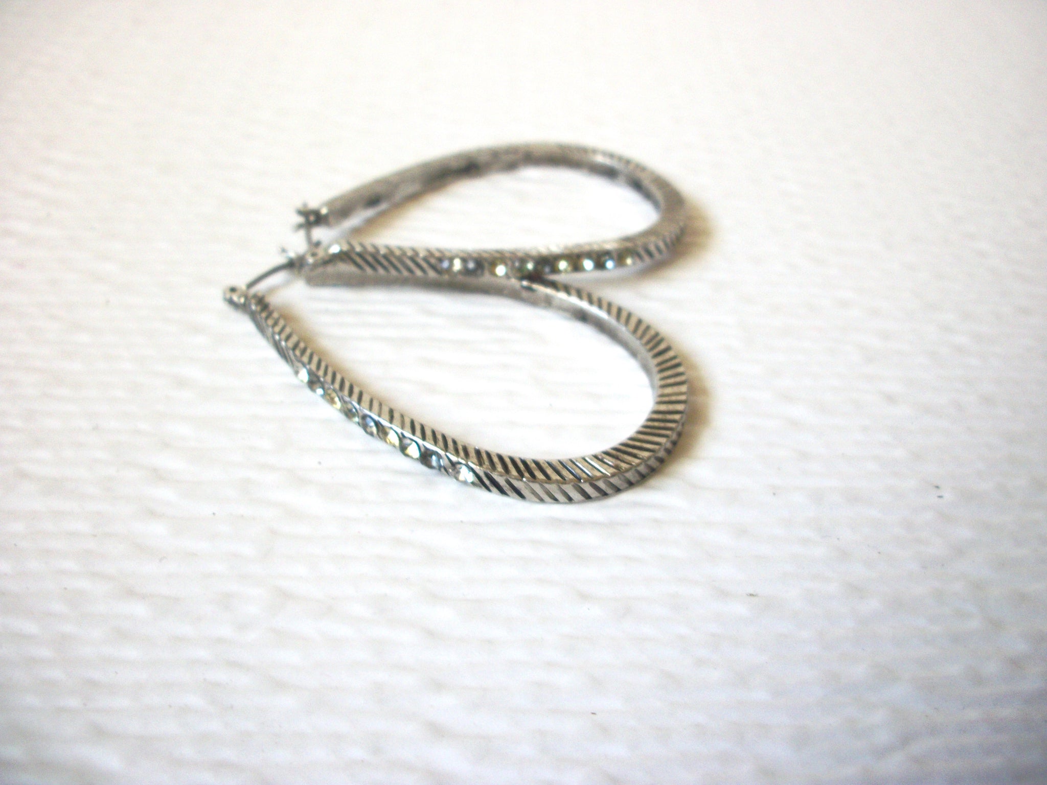 Retro Silver Toned Rhinestone Oval Hoop Earrings 123020