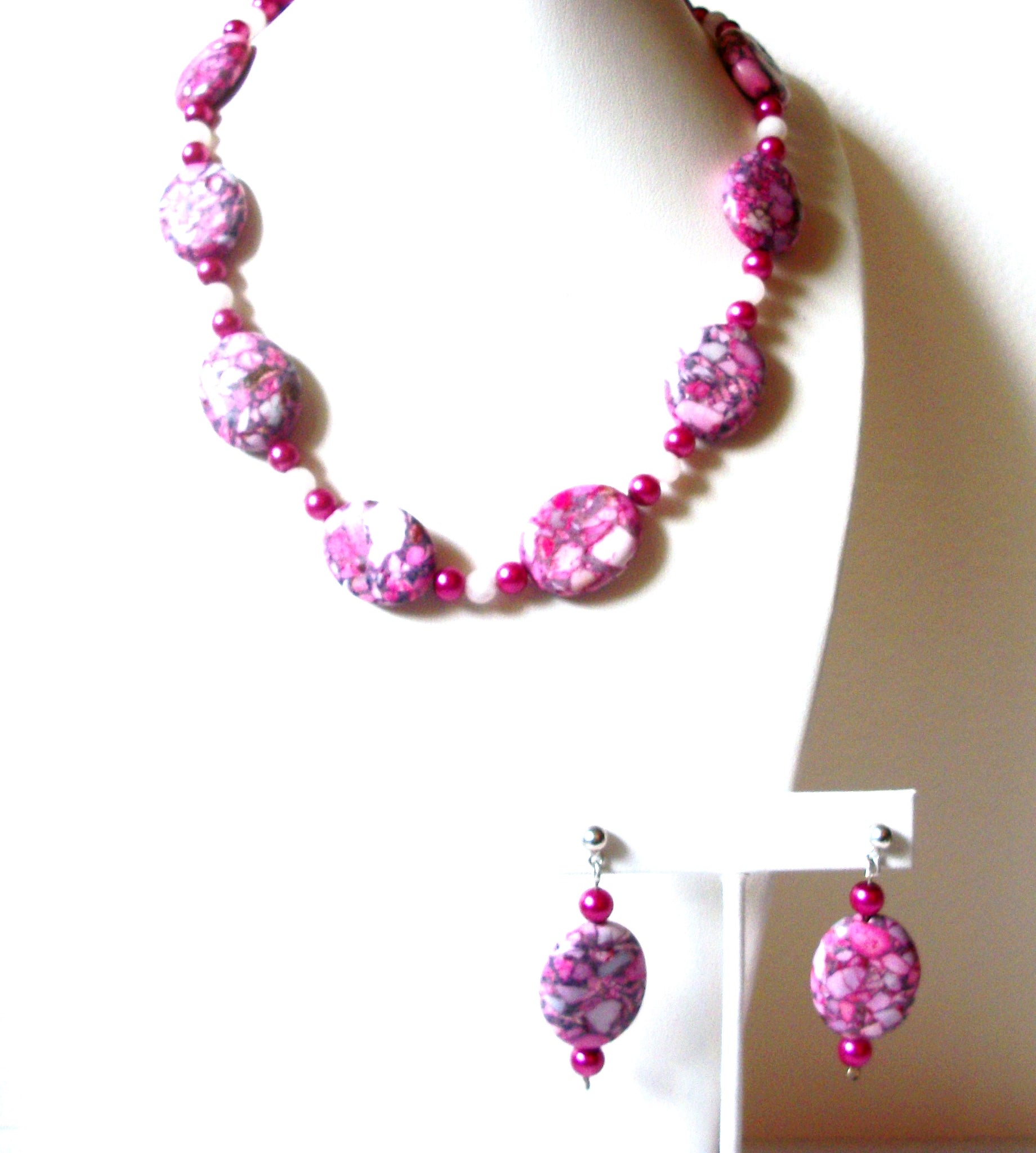 Pink Jasper Mosaic Beads Polished Necklace Earrings Set 122620