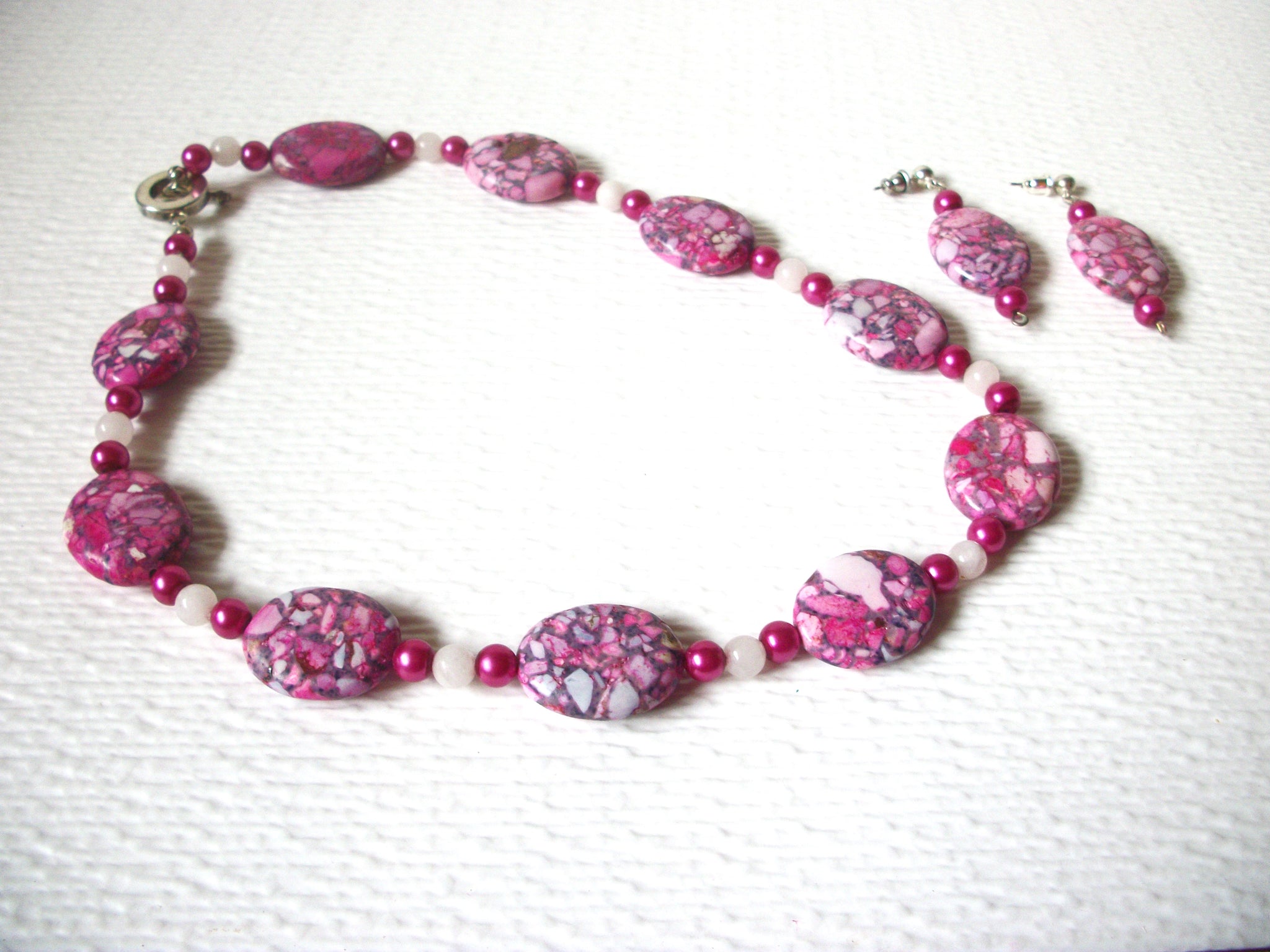 Pink Jasper Mosaic Beads Polished Necklace Earrings Set 122620