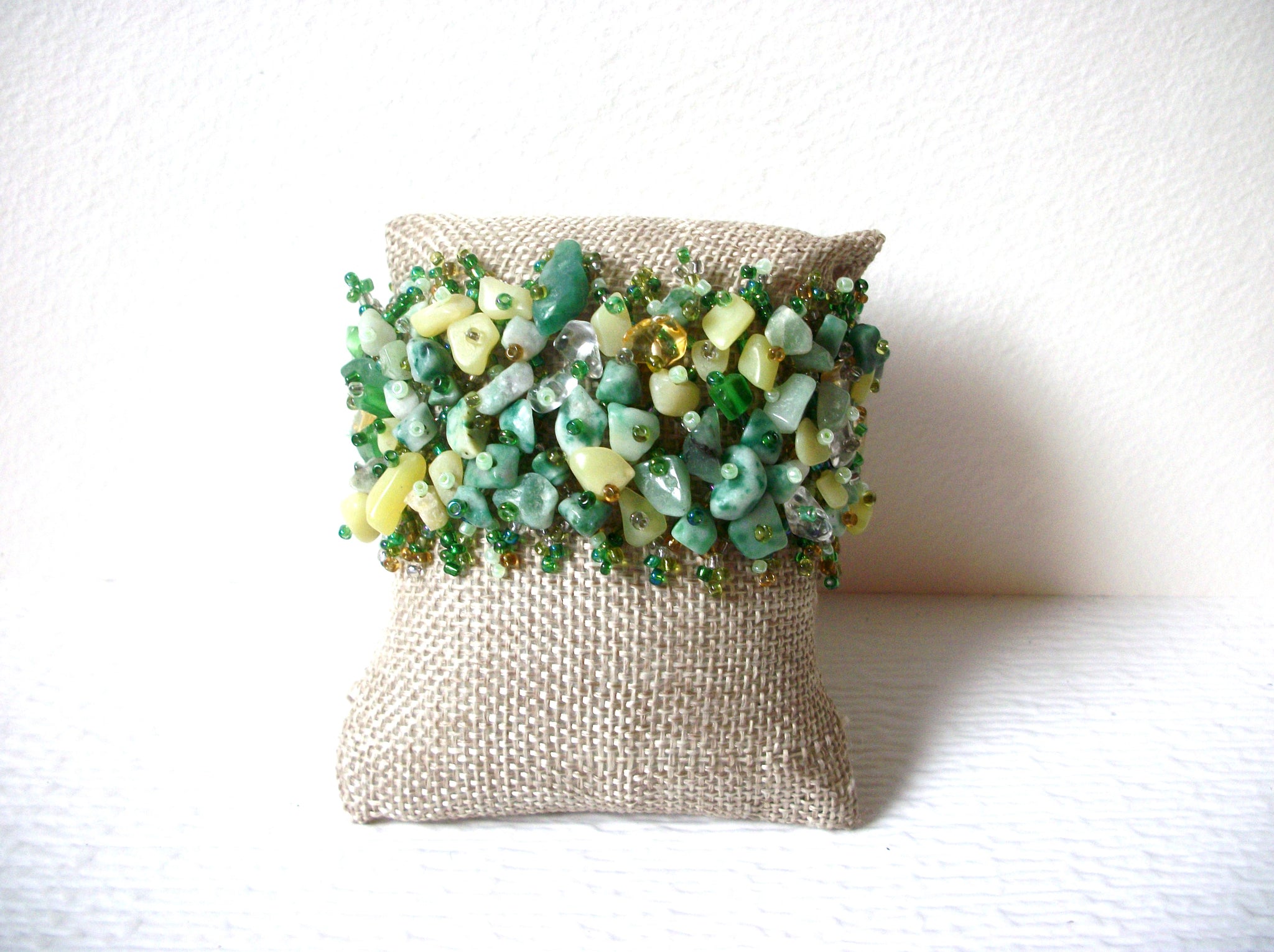 Hand Made Green Yellow Aventurine Agate Lemon Jasper Semi Precious Wide Bracelet 122420
