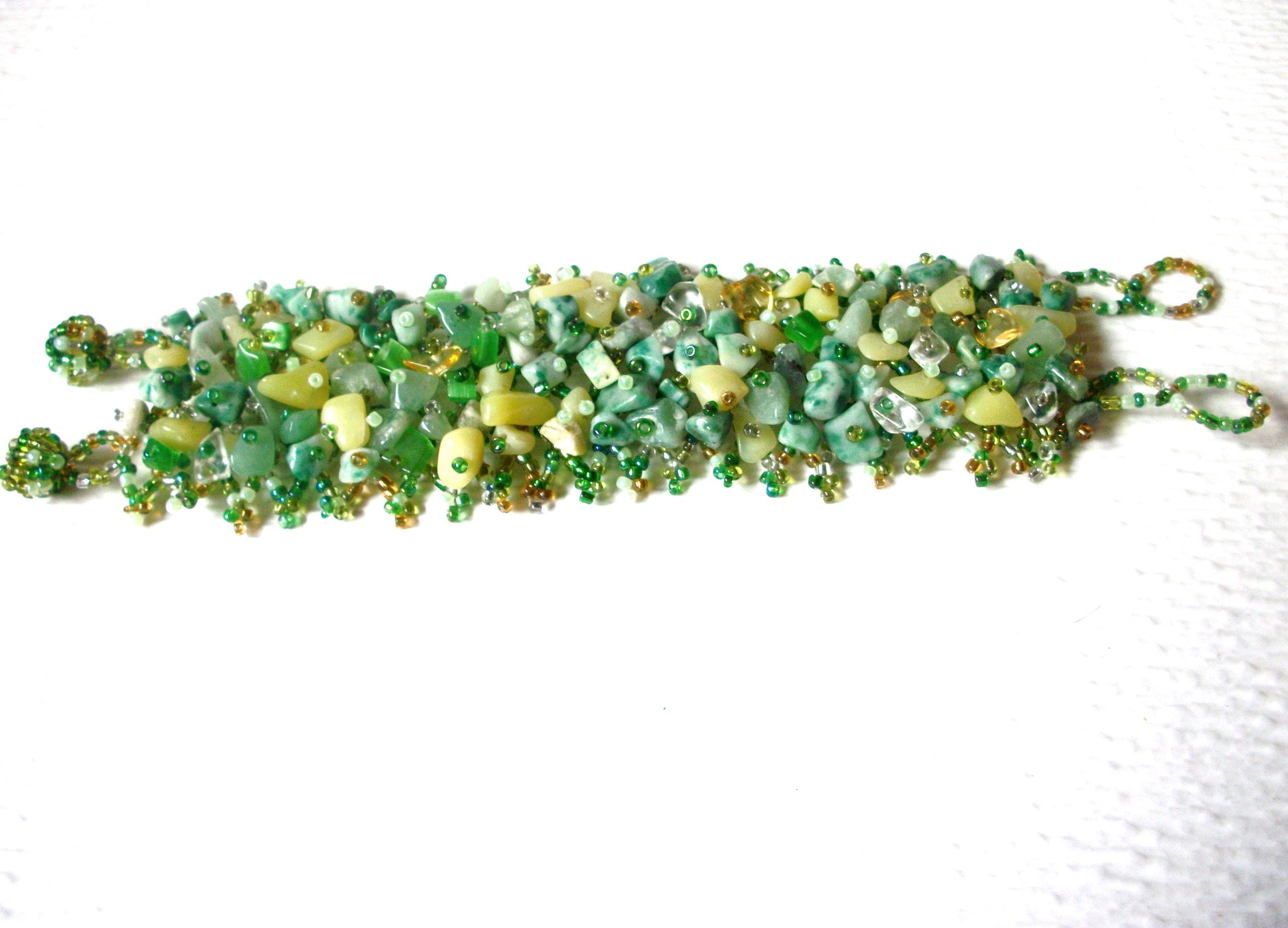 Hand Made Green Yellow Aventurine Agate Lemon Jasper Semi Precious Wide Bracelet 122420