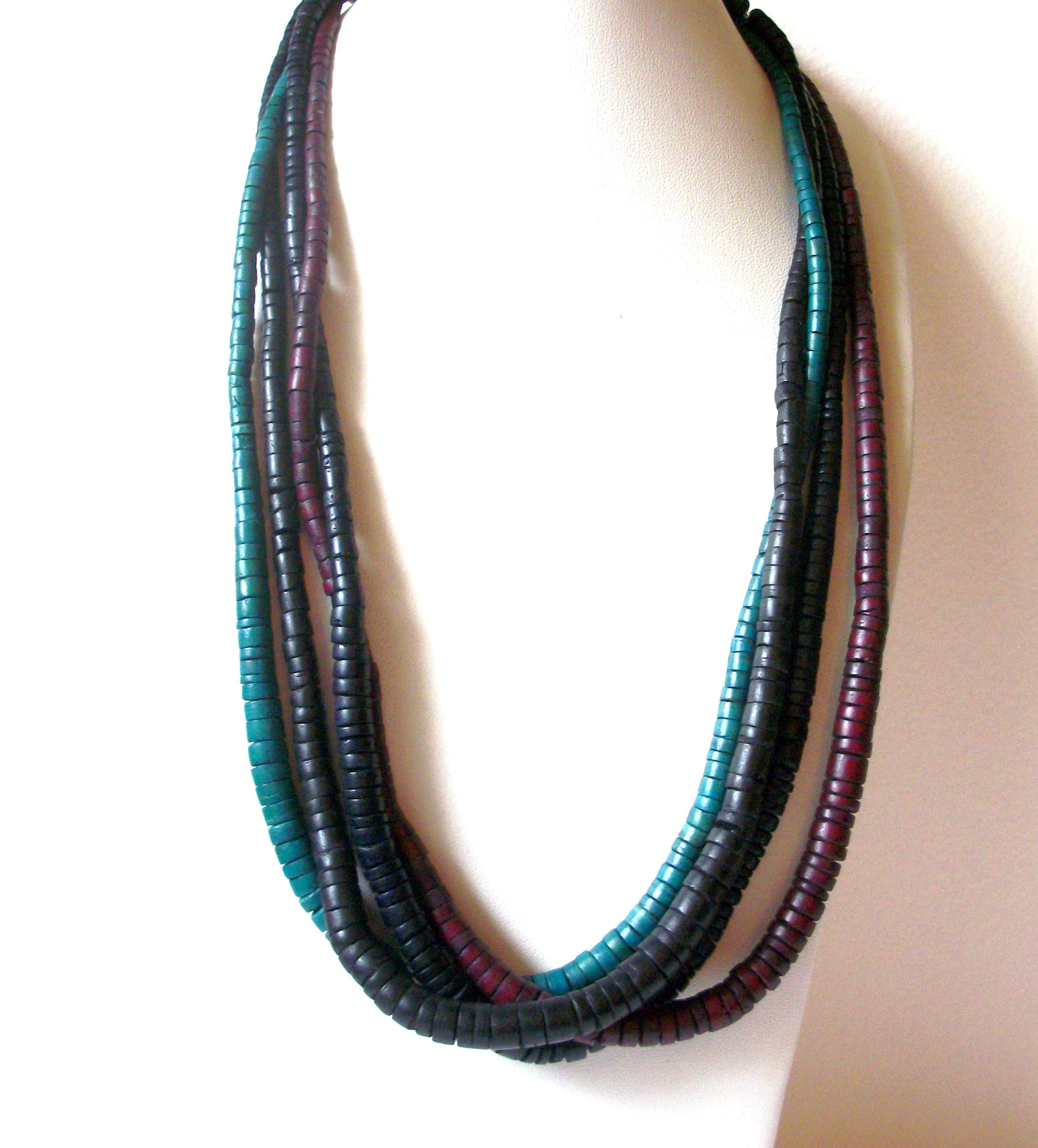 Bohemian 1980s Wood Black Teal Purple Wood Necklace 122420